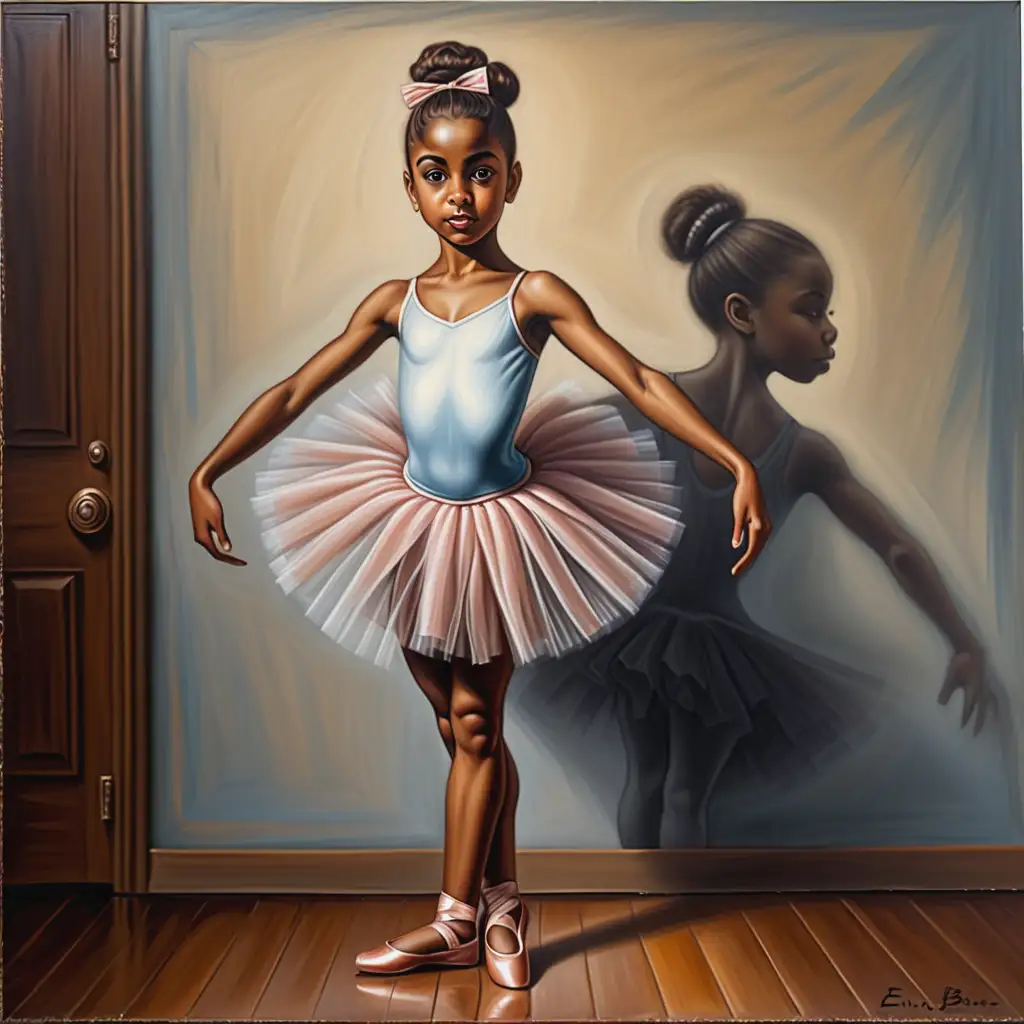 create an full length oil painting in the style of the artist Ernie Barnes  African American young girl in tutu arabesque is an extension of the dancer's leg off the floorstance  about 9 yrs old 