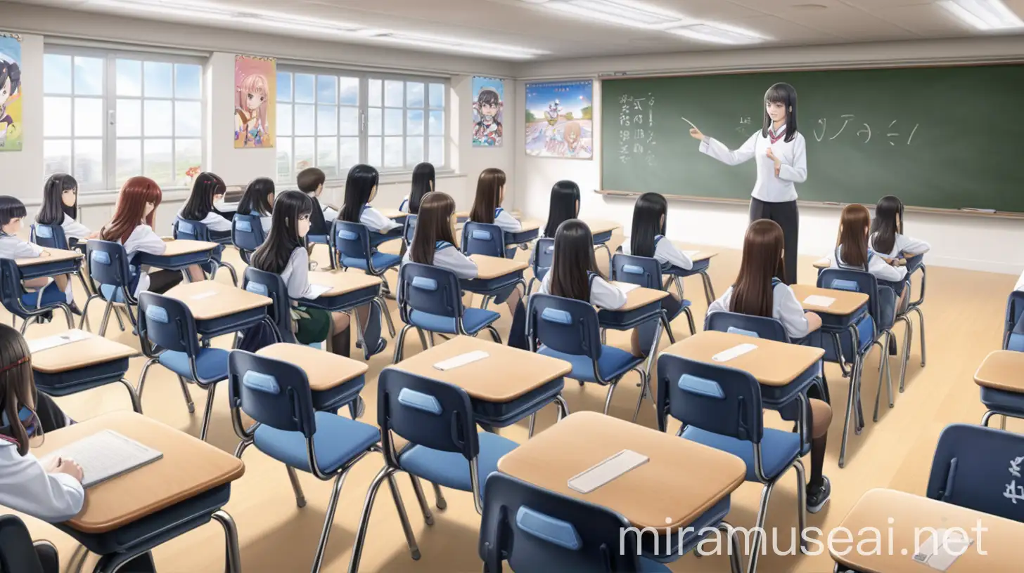 Anime Teacher Teaching Class with 20 Students and Chairs
