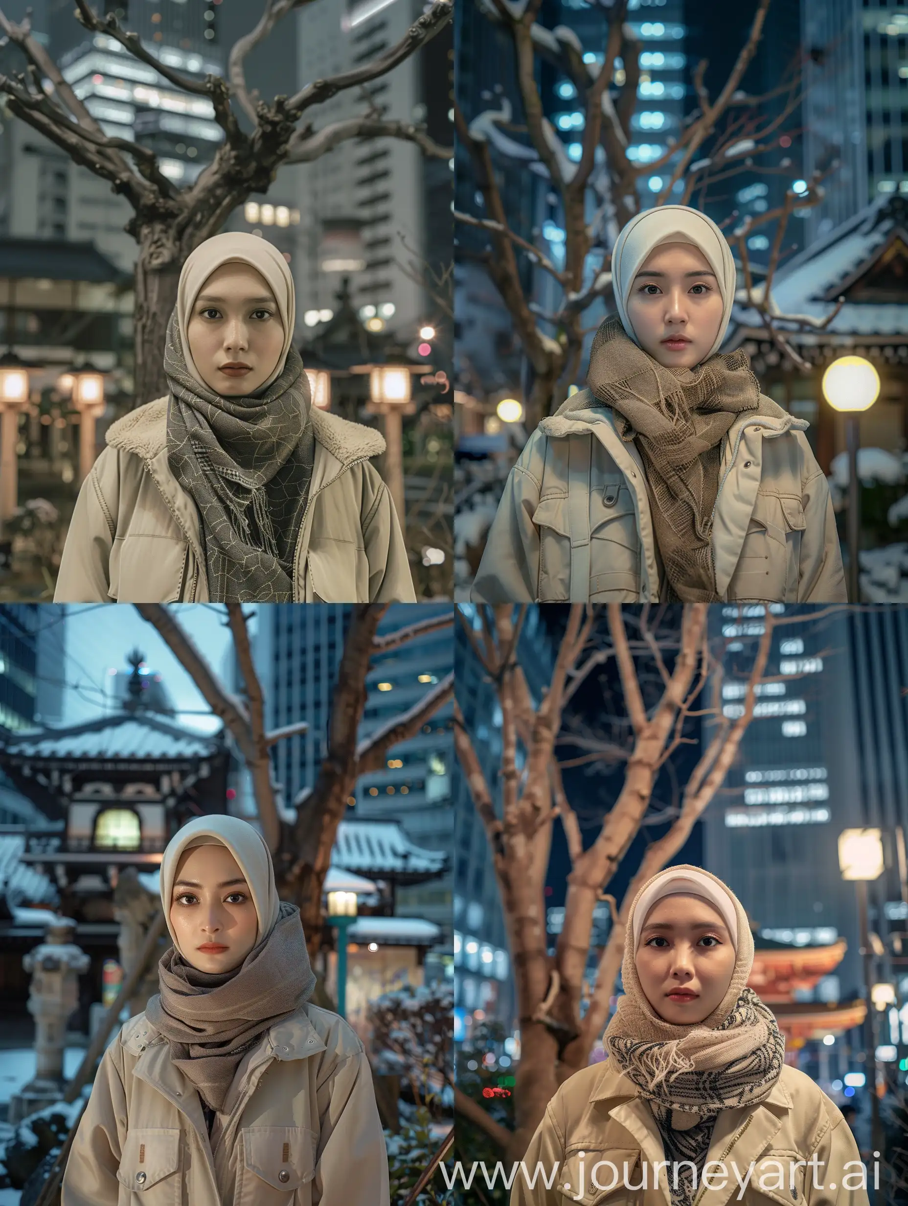 Focused-Indonesian-Woman-in-Hijab-Amidst-Traditional-and-Modern-Night-Scenery