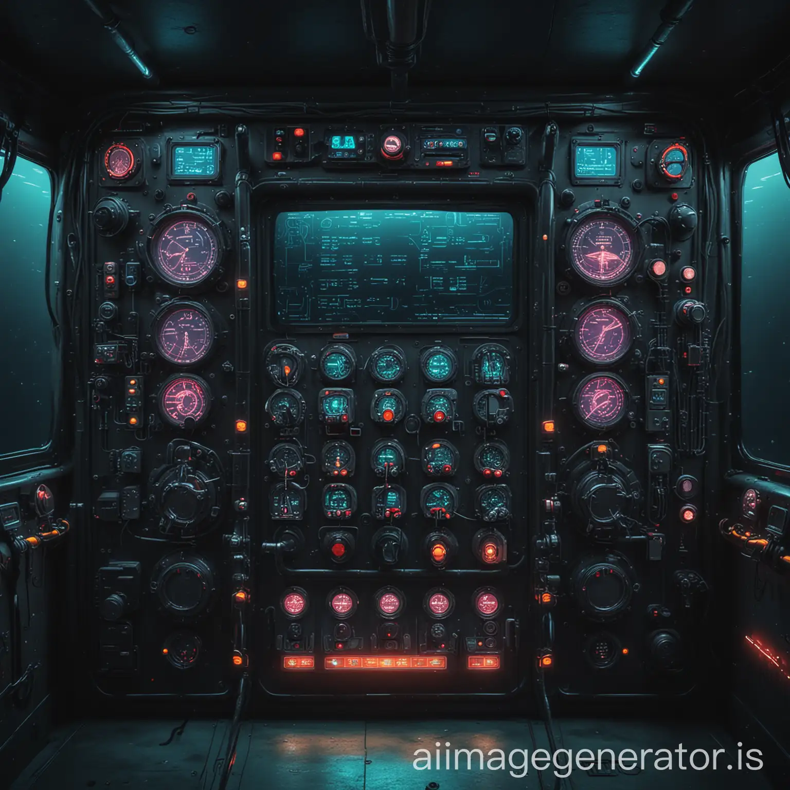 tablero de controles 
de navegación de un submarino de estilo futurista minimalista con colores neon