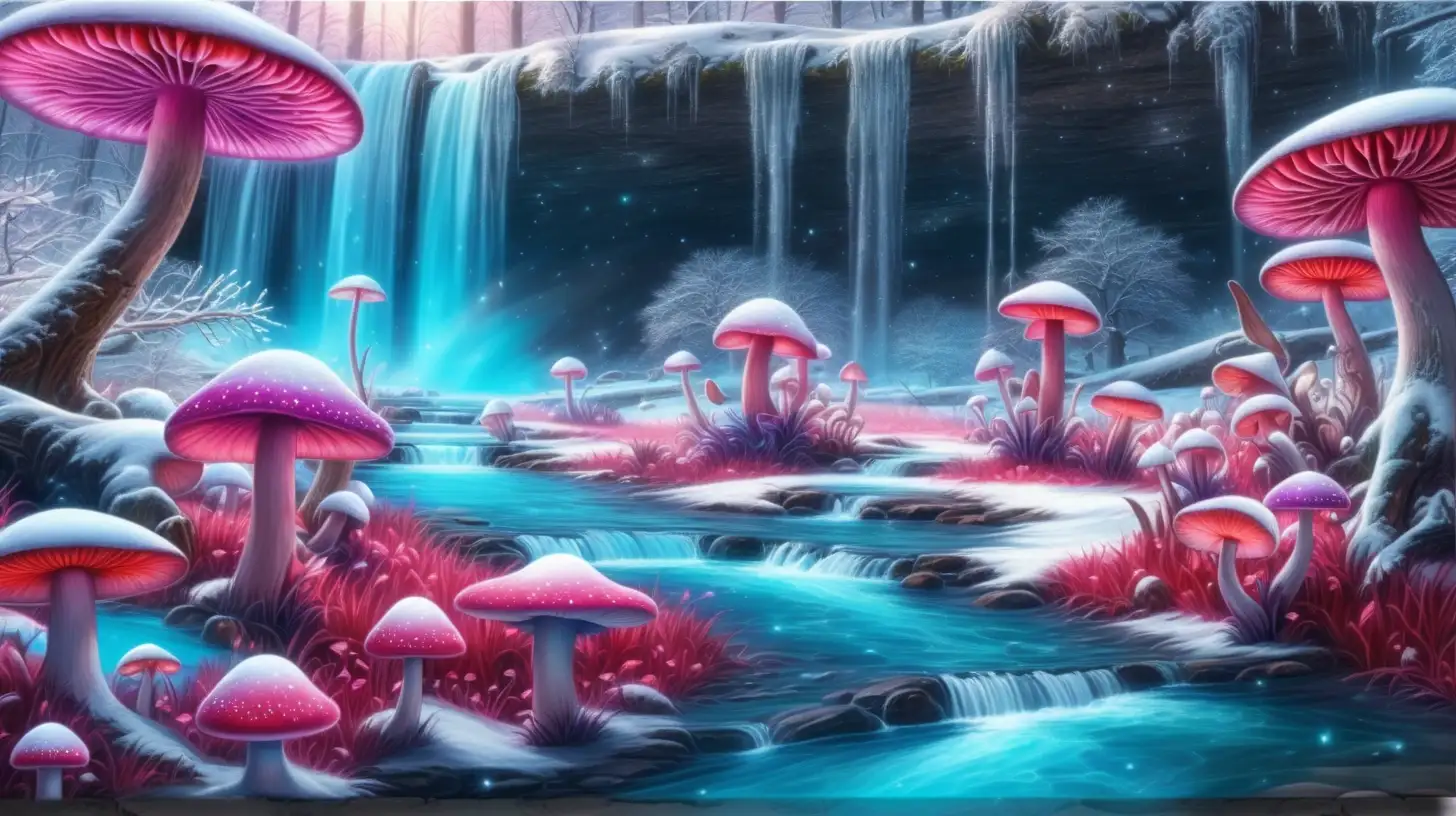 Snow covered Purple and Blue and red. Pink. Red luminescent mushrooms in the daytime spring and magical mushrooms with a magical turquoise glowing forest with waterfall. Planets and galaxies on lily pads