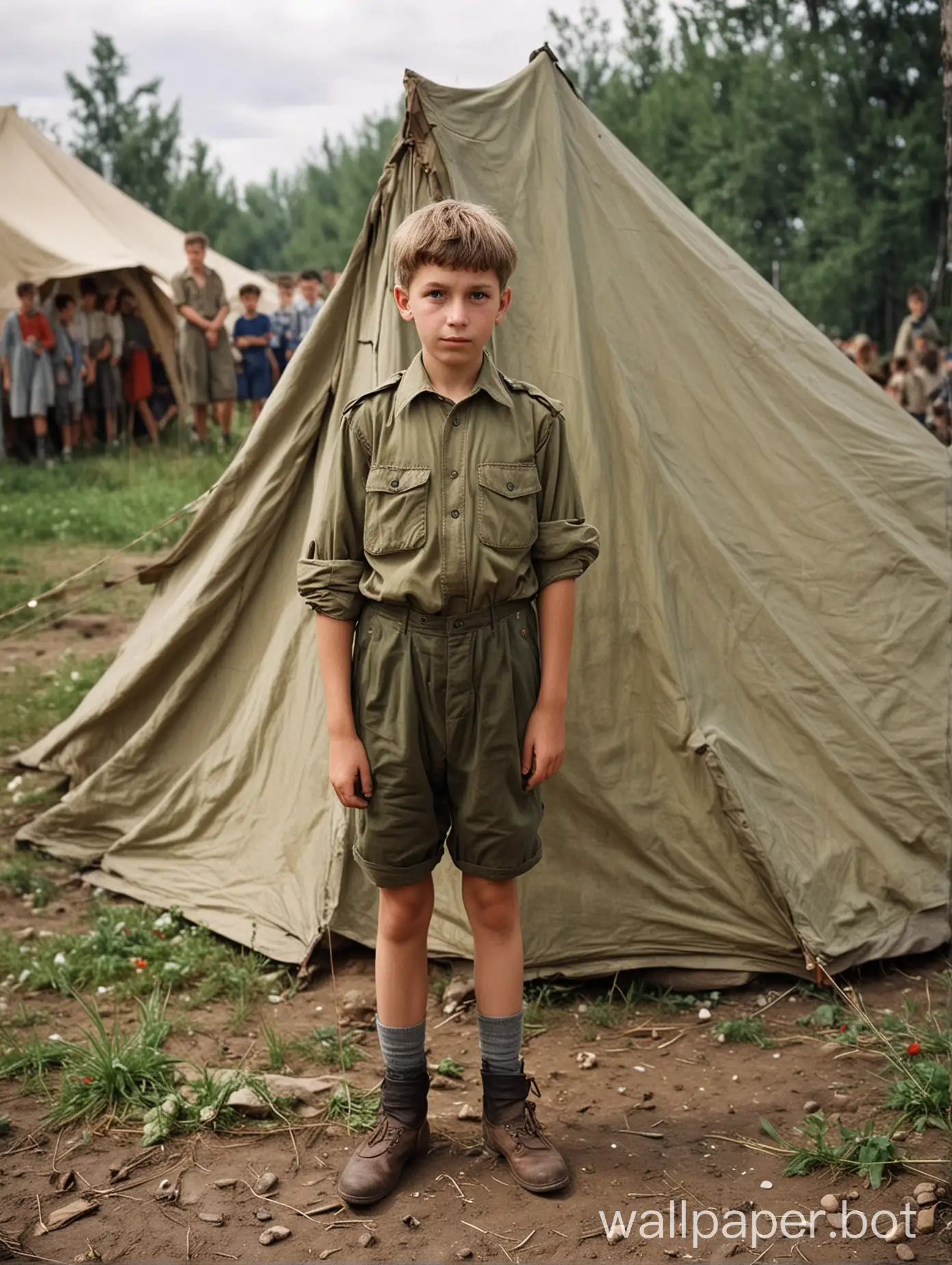 Soviet pioneer boy 13 years old, tent, full-length, people in the background, shorts