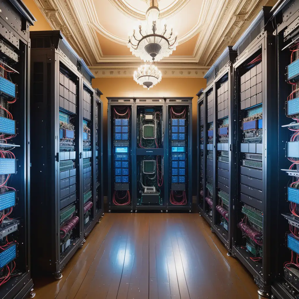 A large rack of modern quantum computers in a Victorian style room