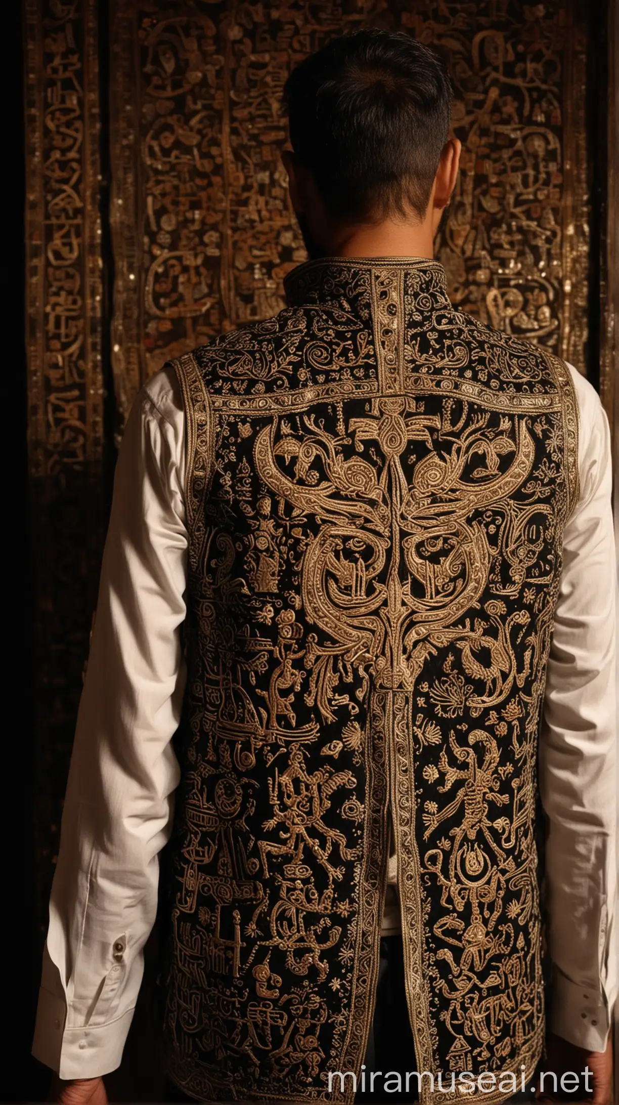 Khidr Aleyhisselam gently placing a glowing, ornate vest onto the man's shoulders. The vest is adorned with intricate patterns and symbols, indicating its sacred significance. The man looks down at the vest in amazement, feeling a sense of readiness and empowerment. ıslam
