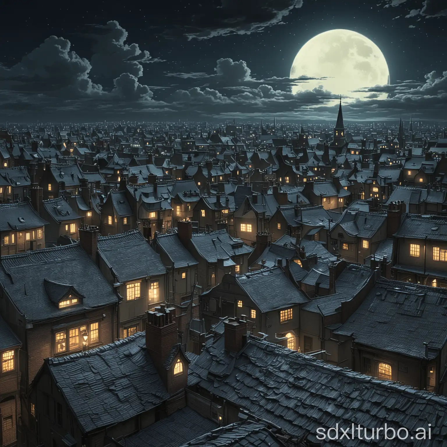 victorian roofscape at night, pale moonlight illuminating the scene, ariel view, studio ghibli style