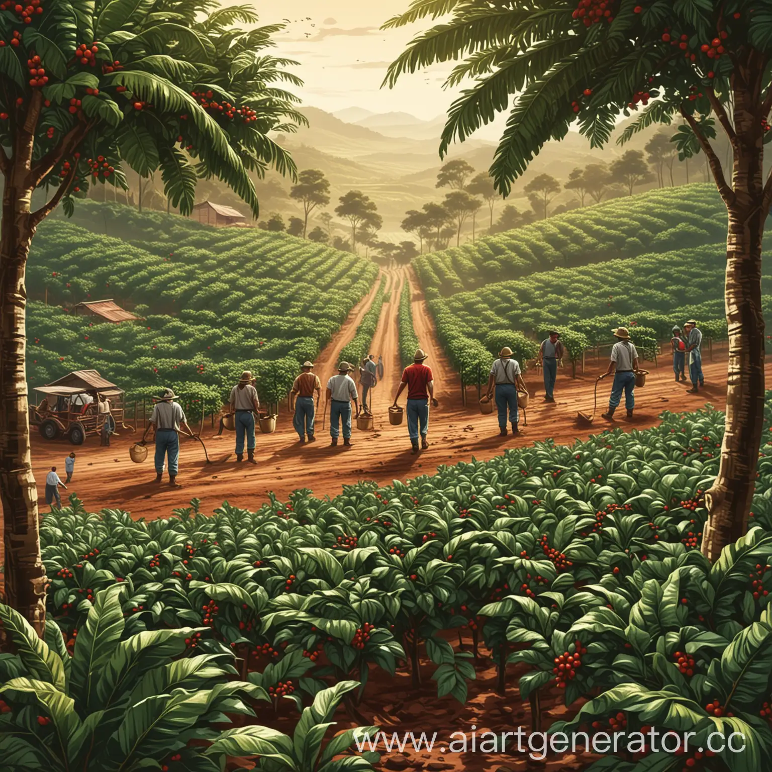 coffee farm, workers, vector style, hight resolution

