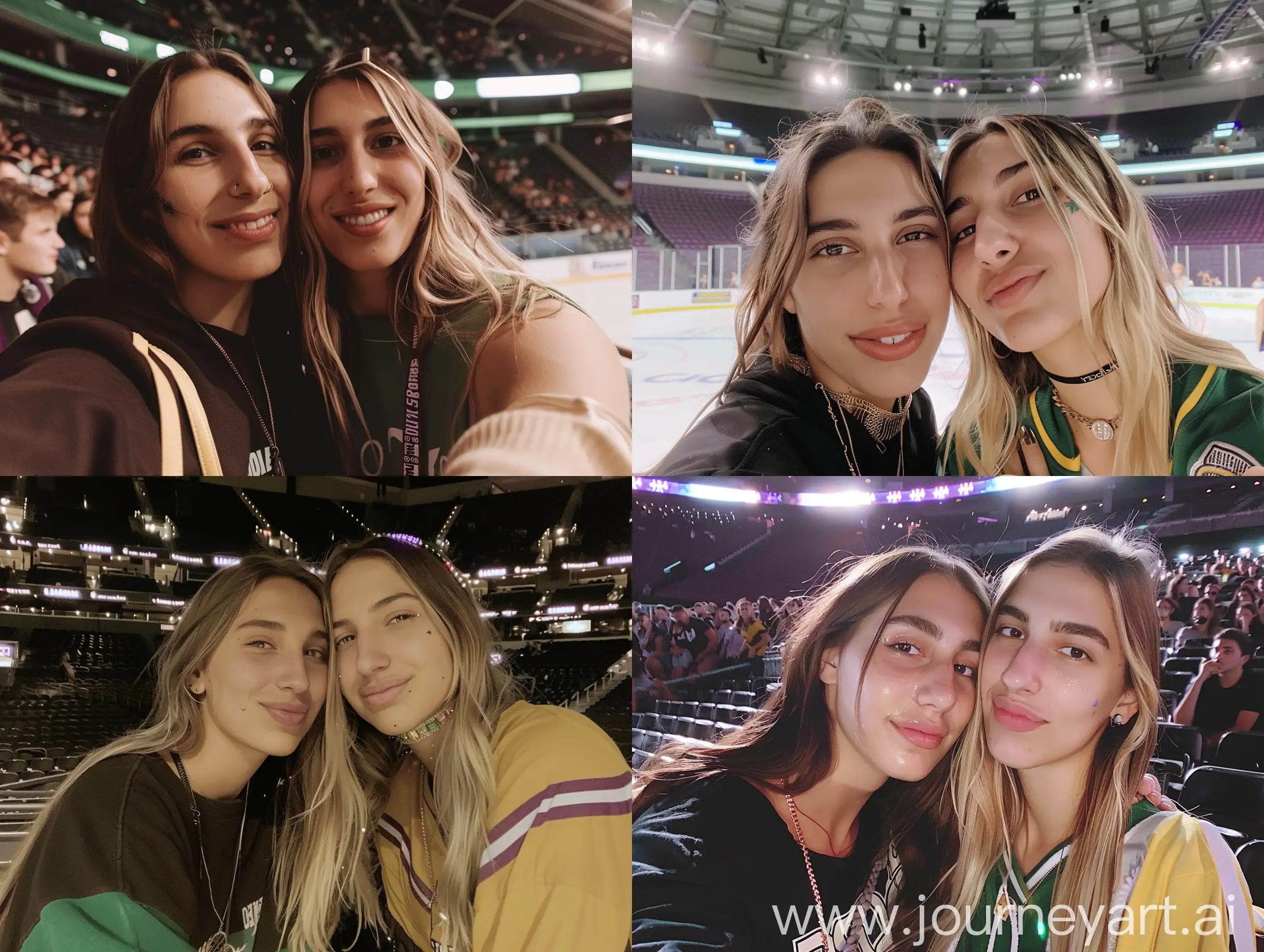 Aesthetic instagram selfie of two girls in an arena, on a date, couple, cute, adorable, women, super models