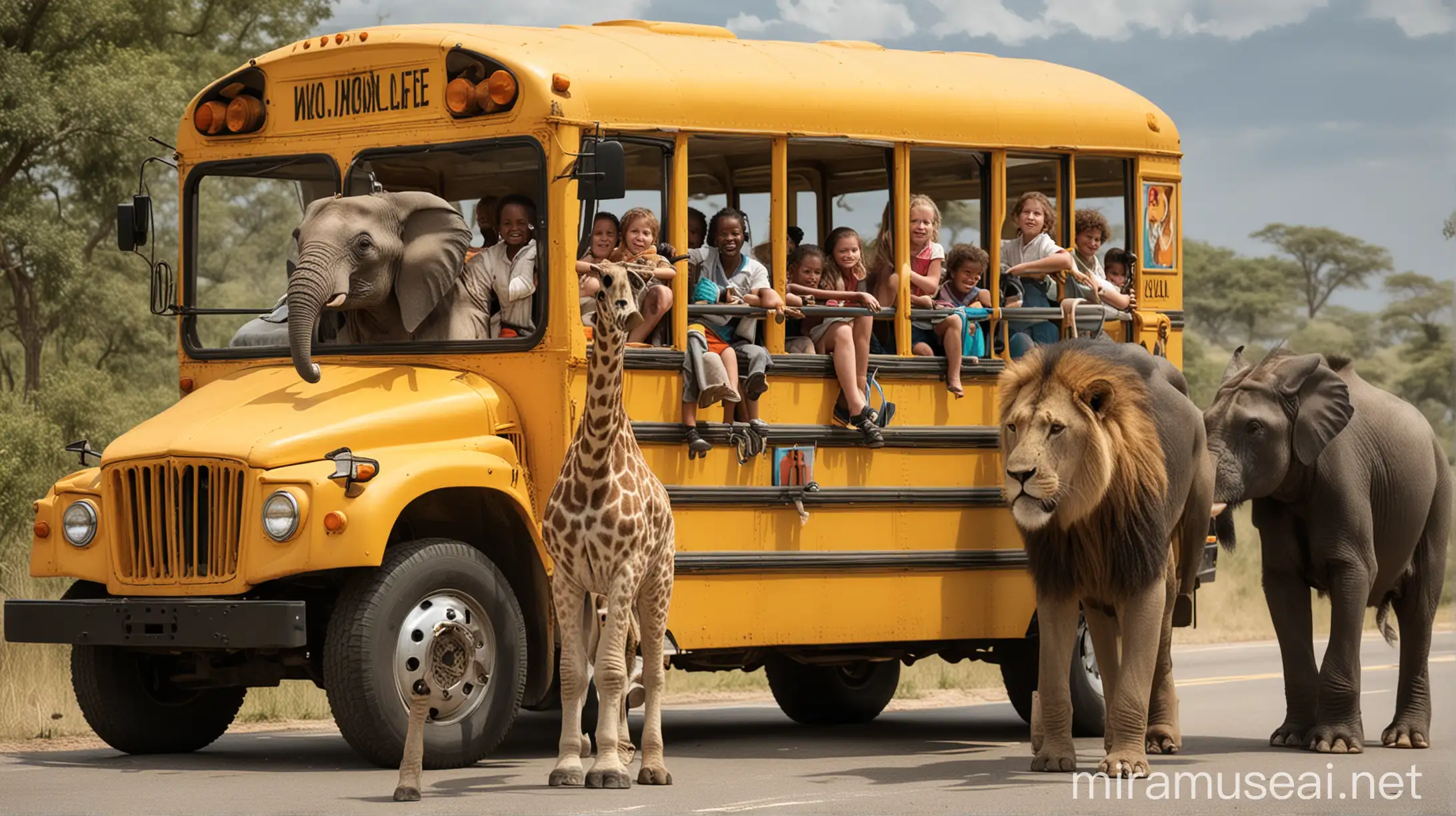 Imagine a world life safari with an elephant, a giraffe, a gorilla, and a lion all on a school bus.