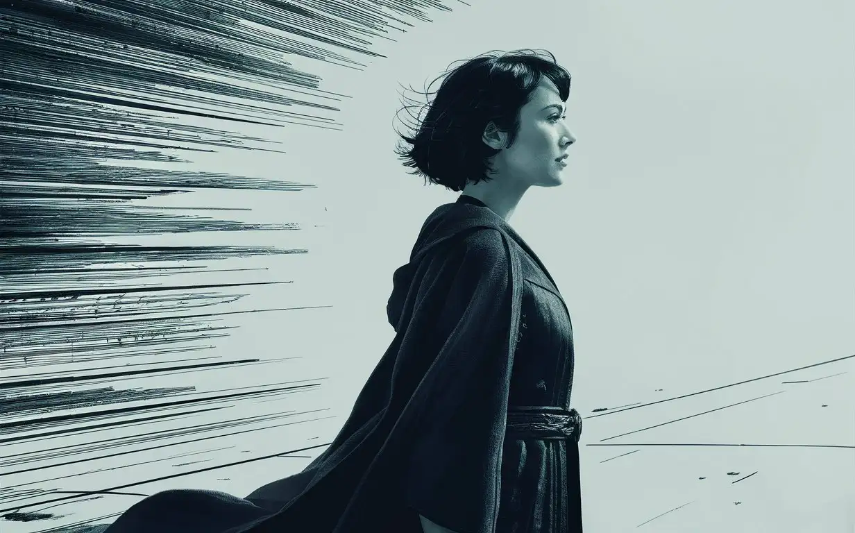 Emma stone with short black hair stands sideways talking in a vast white space, profile shot, side angle, ultra wide shot, wearing a dark robe, in the style of detailed comic book art, graphic novel by Michael Zulli, white background, ominous, fantasy, cinematic, dynamic, light and shadows, ambient horror, strokes of the drawing pen