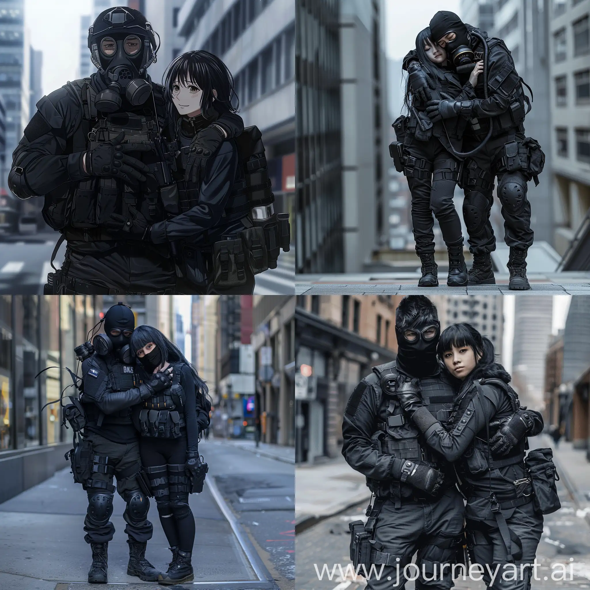 Urban-Stealth-Man-and-Girl-in-Black-Tactical-Gear-Embrace-in-the-City