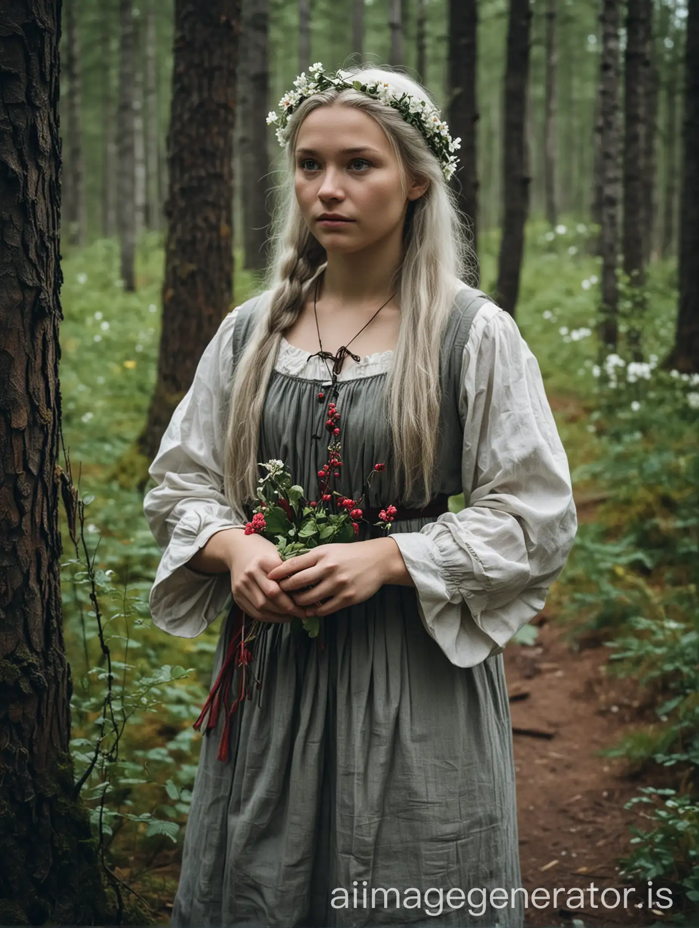 Generate me a photo from the Finnish epic Kalevala. In the image show Väinämöinen as meet with Aino in the Finnish forest. Aino is beautiful sad young woman, flowers in her hands, dressed with simple Finnish folklore. Väinämöinen is an old bard with grey hair and a kantele.