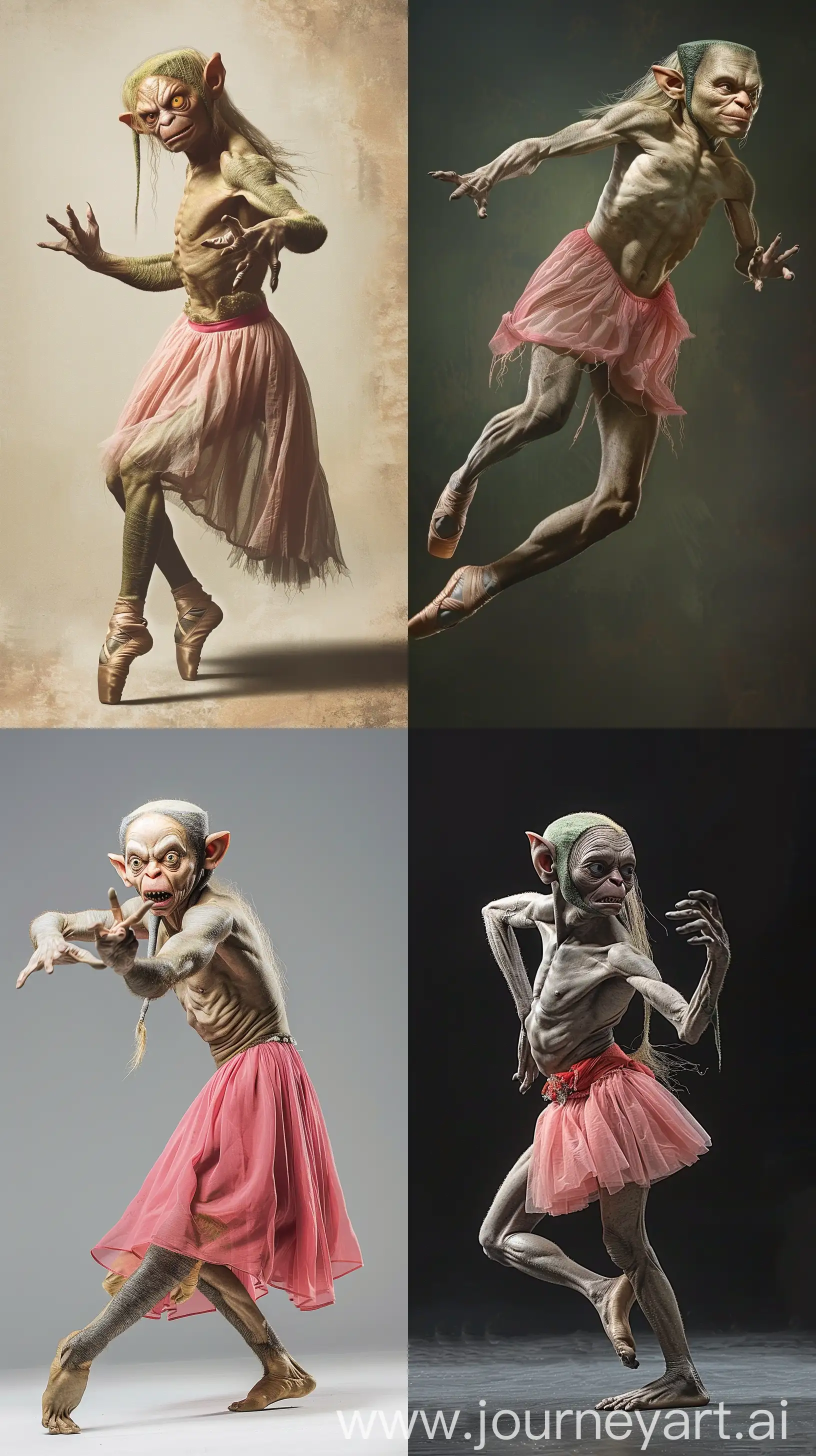 a Gollum wearing a pink skirt and dancing ballet --ar 9:16
