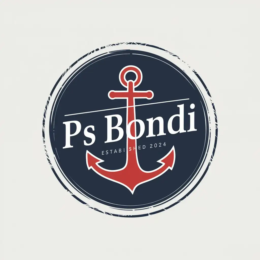 a logo design,with the text "PS BONDI '' ESTABLISHED 2024", main symbol:this logo is a circle or rectangle shape. logo should be created with stamp effect. the logo should include an anchor. preferred colors are navy blue, white, and red. must be COLOR WITH STAMP effect,Moderate,clear background