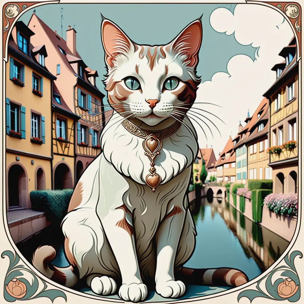 Romantic and vintage illustration of a cat in the French the town of colmar in the style of art nouveau of mucha