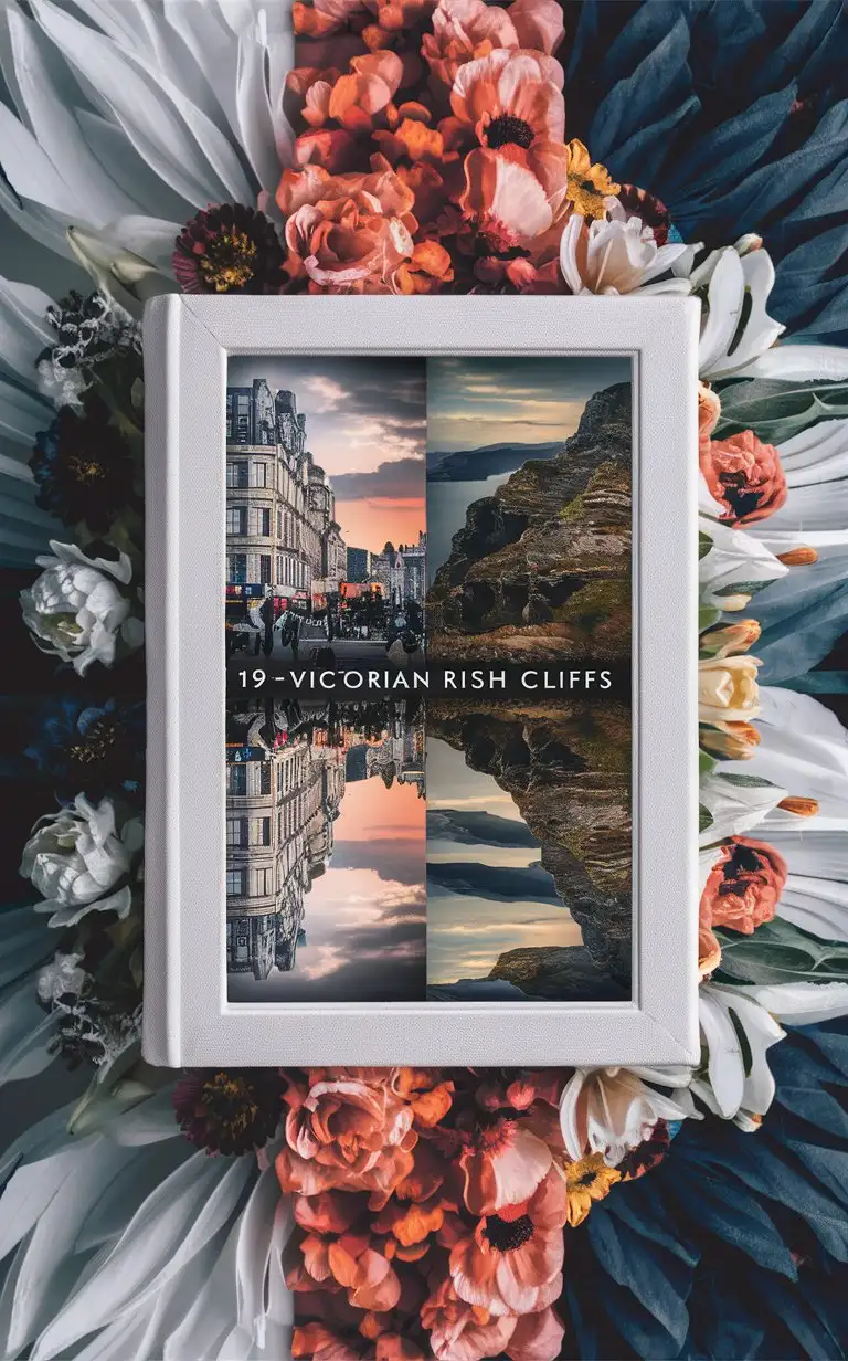 The realistic beautiful photo in the photo is a frame in the central part, the center of the frame white white background intended for the cover of the book. The background behind the frame is divided in half: one part depicts the panorama of 19th century London from the Victorian era and the other part shows Irish cliffs without any buildings where the background flows into 6 background The frame is placed close to the center of the photo Next to the frame are a variety of beautiful flowers which are far from the frame The photo is realistic and beautiful,