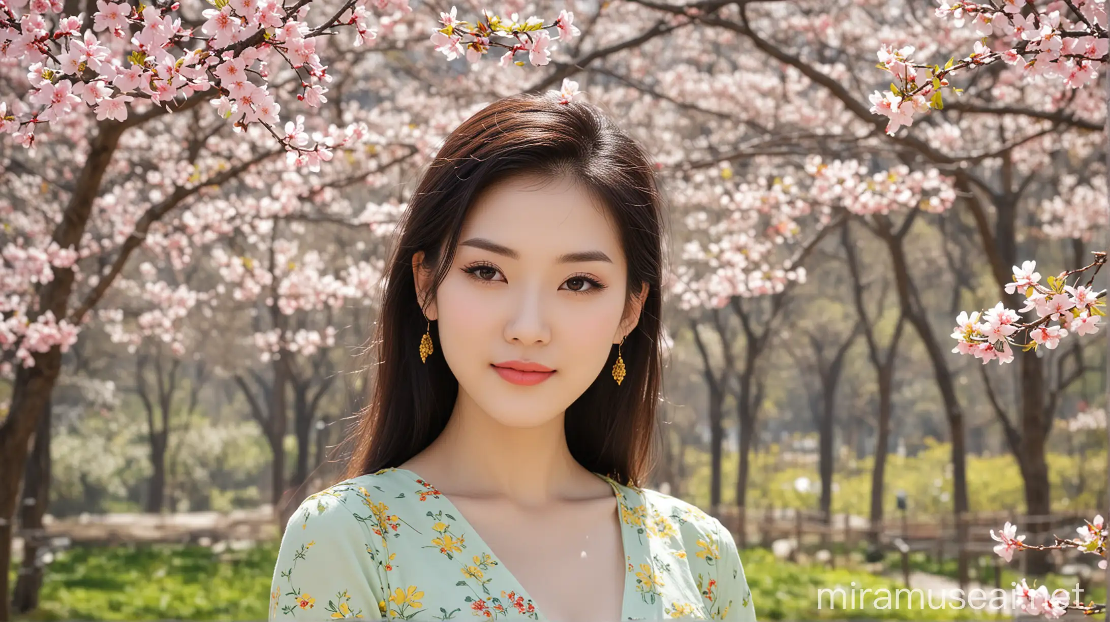 Pure and Beautiful Chinese Woman Enjoying Spring Sunshine in the Park
