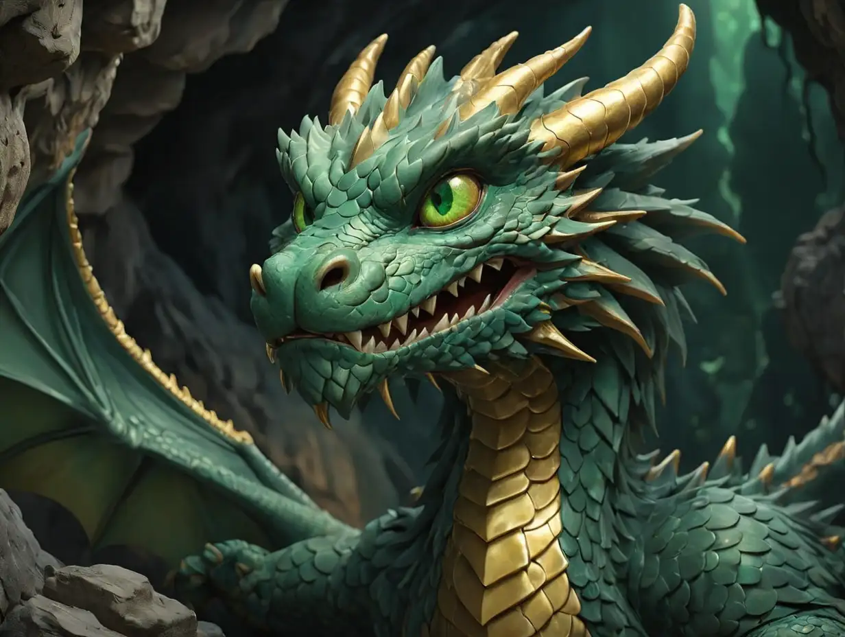 the dragon shimmer with a golden hue, and his eyes softened into a deep, emerald green, dragon with scales as black, background front cave, 3d disney inspire