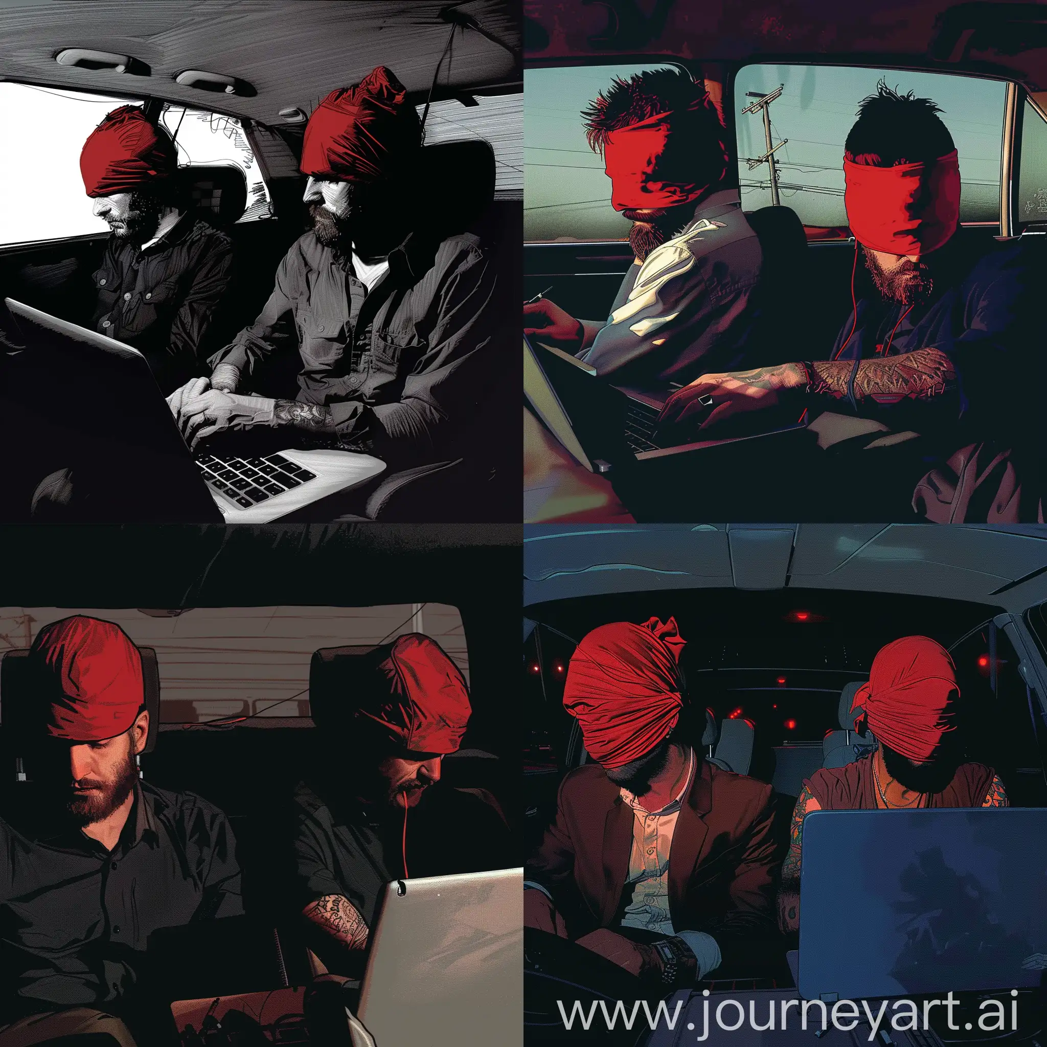 Two-Men-Creating-Music-on-Laptop-in-Car-with-Tattoo