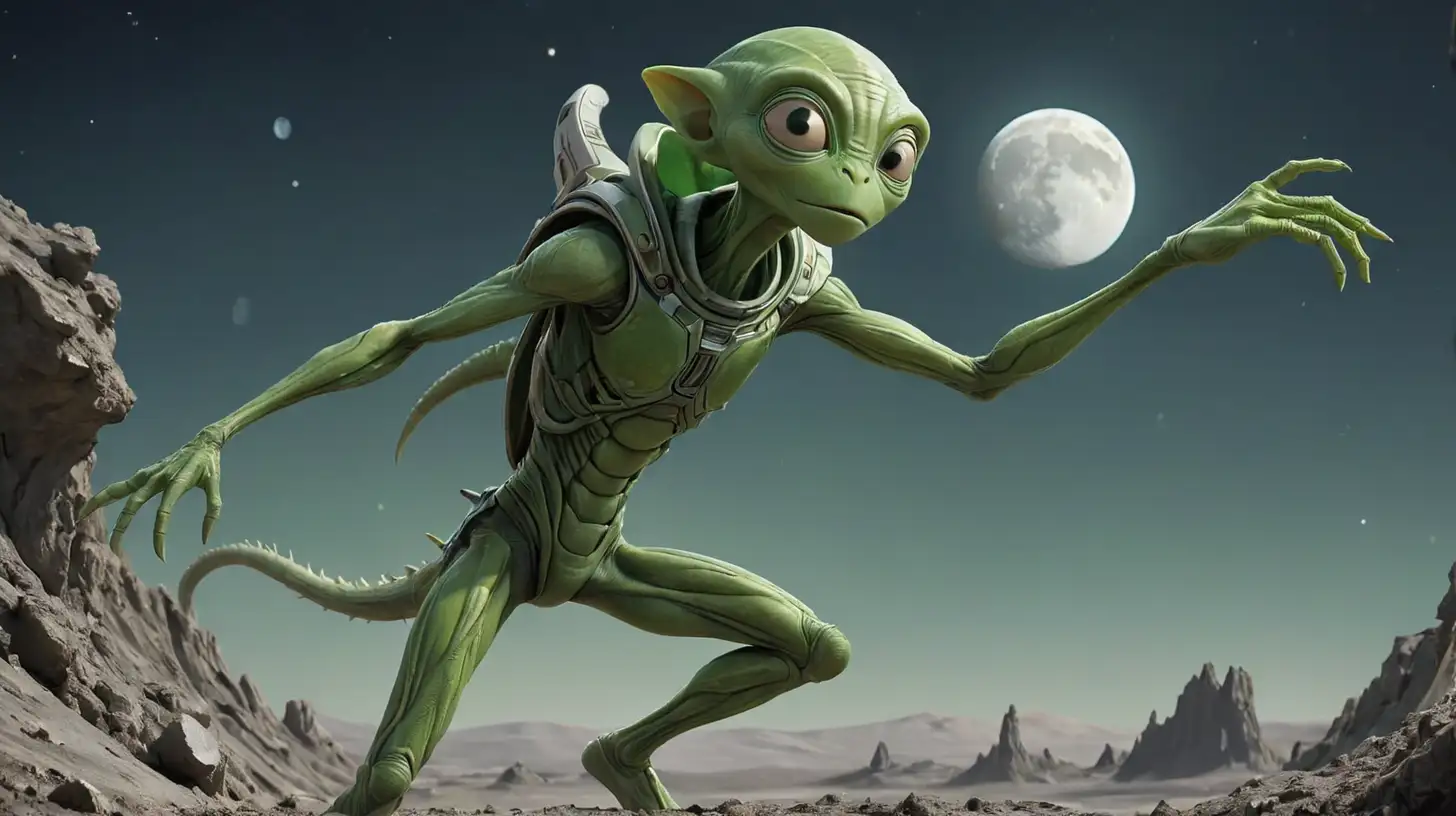 Green Alien with Long Arms on the Moon