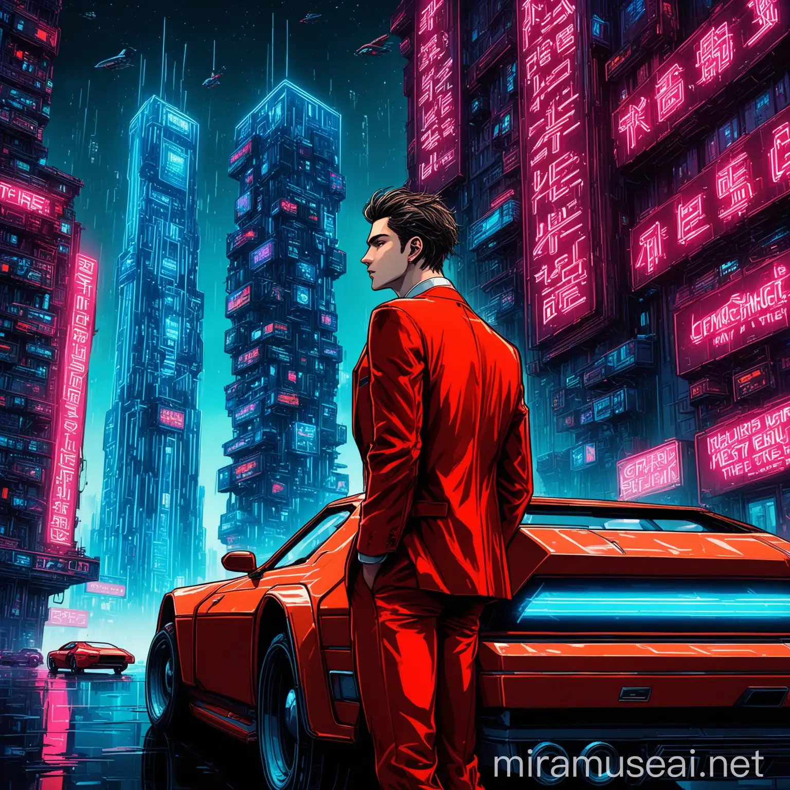 The background is the future world of cyberpunk dystopia.
It's midnight and the building is full of neon signs.
Two cars are flying in the sky.
A handsome man in his 20s looks out the window of a high-rise building.
A handsome man in his 20s is wearing a red suit set.