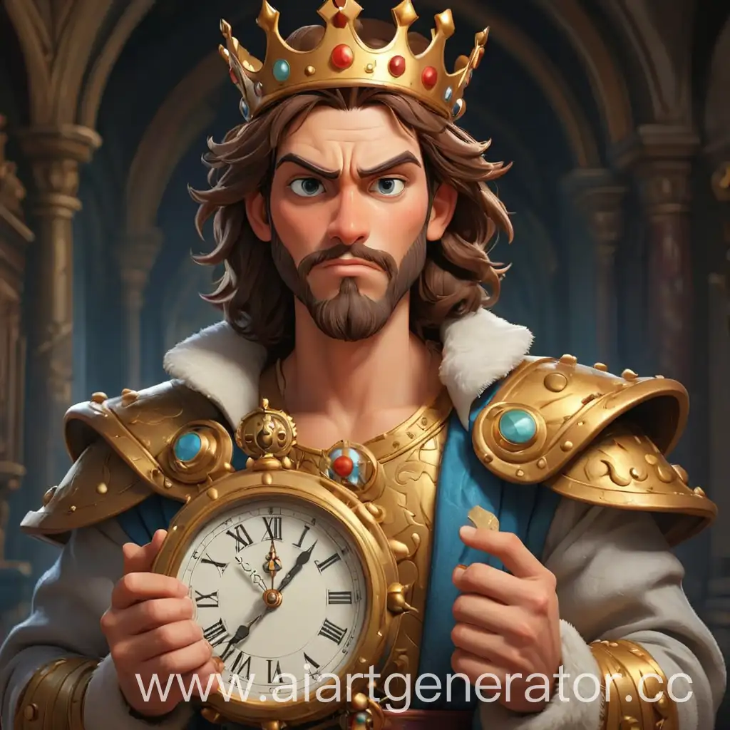 мультяшный красивый сексуальный король держит в руках часы