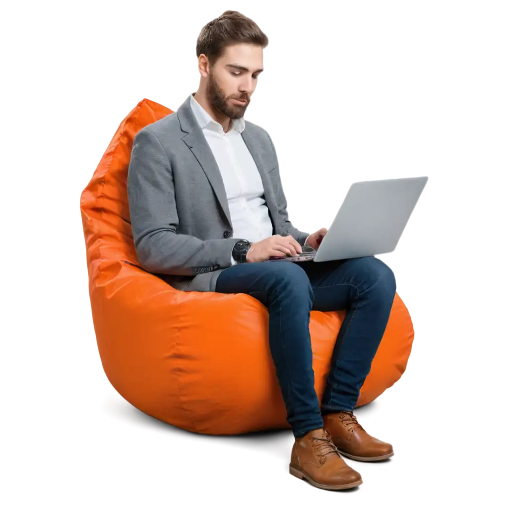 Bearded-Programmer-Relaxing-in-Orange-Beanbag-Using-Computer-HighQuality-PNG-Image