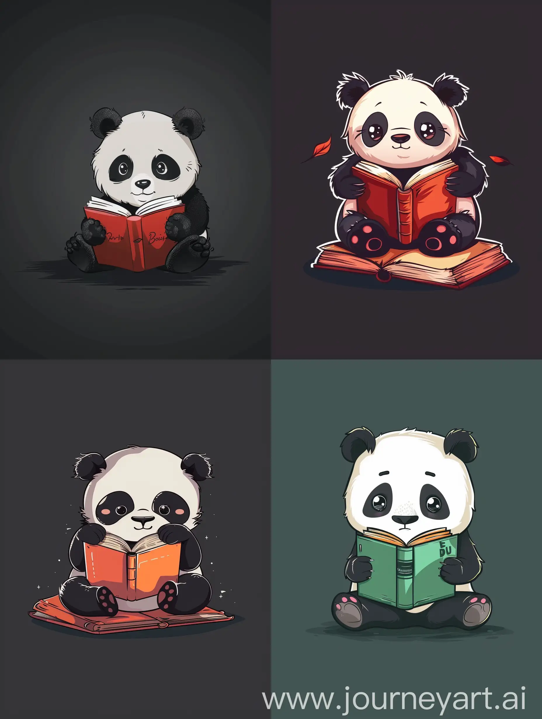thin line style chibi cute panda reading a book, with solid dark background, small object and center concentrated image, far view point