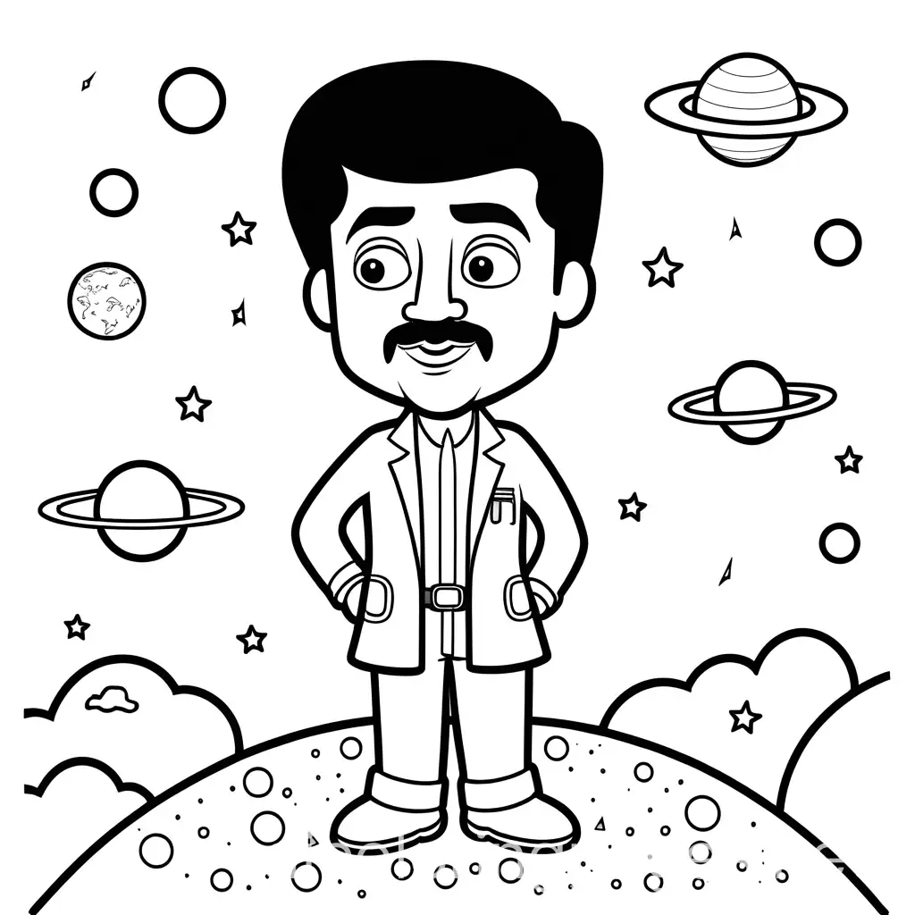 white background, cartoon version of neil degrasse tyson exploring space, line drawing for kids coloring., Coloring Page, black and white, line art, white background, Simplicity, Ample White Space. The background of the coloring page is plain white to make it easy for young children to color within the lines. The outlines of all the subjects are easy to distinguish, making it simple for kids to color without too much difficulty