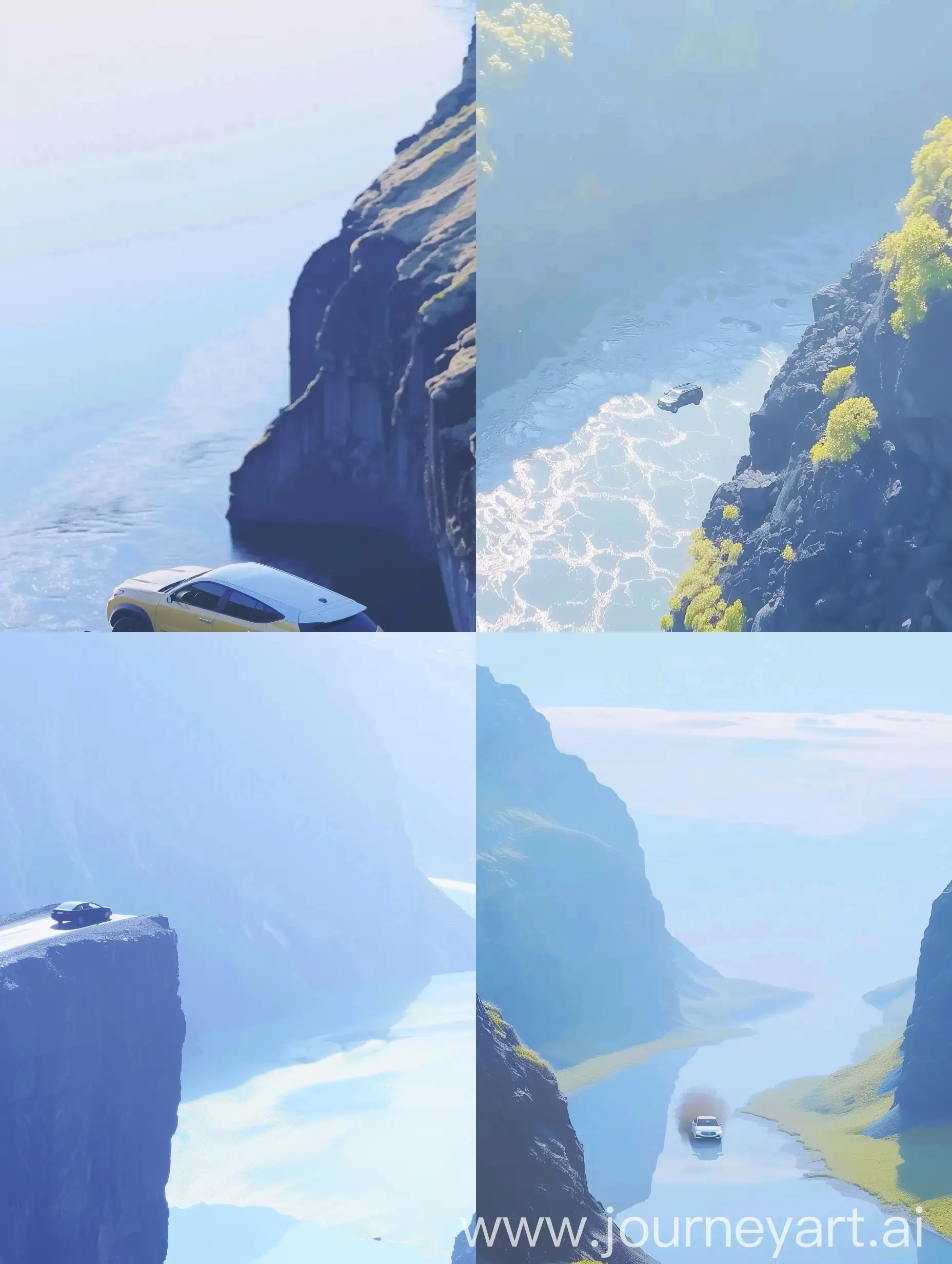 A car jumps from the edge of a mountain to the river, aerial view, side shot --sref 3067428161::1 2009963306::1 12111991::3 --no humans,Statues,dolls,birds,animals,insects,Living organisms,Characters 