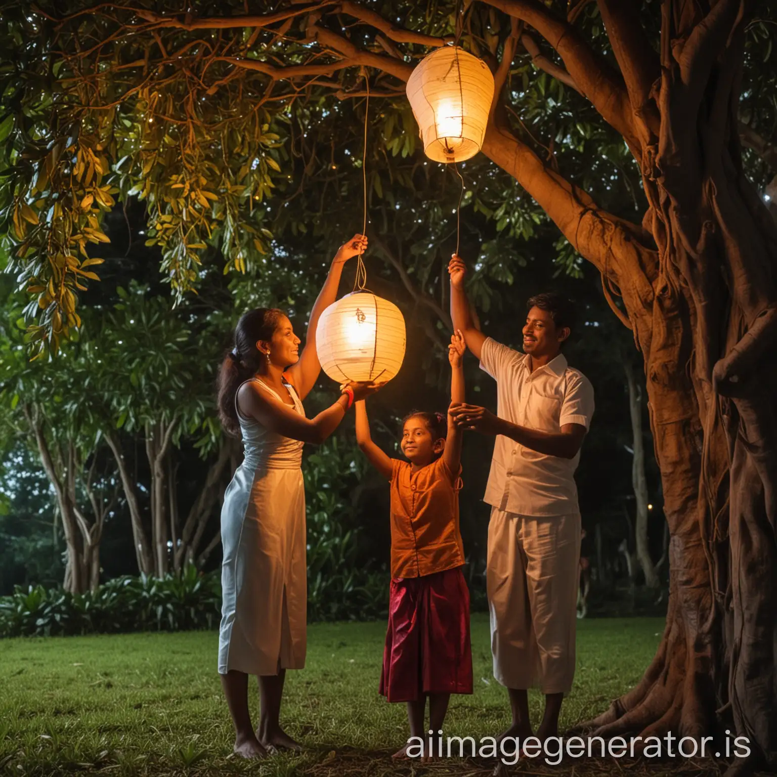 Sri Lankan family (mother, father, son and daughter) hanging Vesak lantern in a tree