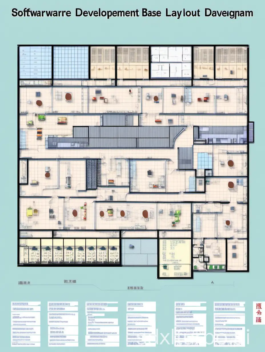 Software development base's simple Chinese layout diagram, includes office area, research and development laboratory, meeting and training room, physical and leisure zone and kitchen and catering area several parts.
