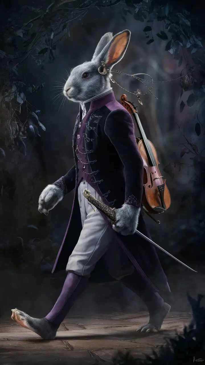 Grey Harengon in Elegant Parade Coat with Violin and Rapier