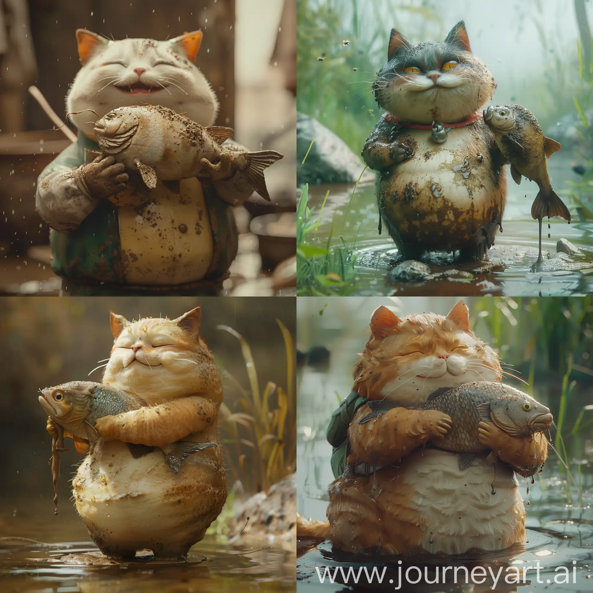 a fat cat holding a fish covered in mud, photorealism, 4 k / 8 k, happy people, internet meme, realistic. cheng yi, pure joy, a still of a happy
　