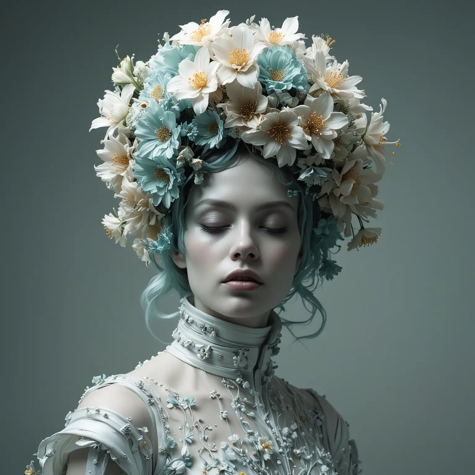 Woman in Rococo Style Space Helmet with Ethereal Abstractions