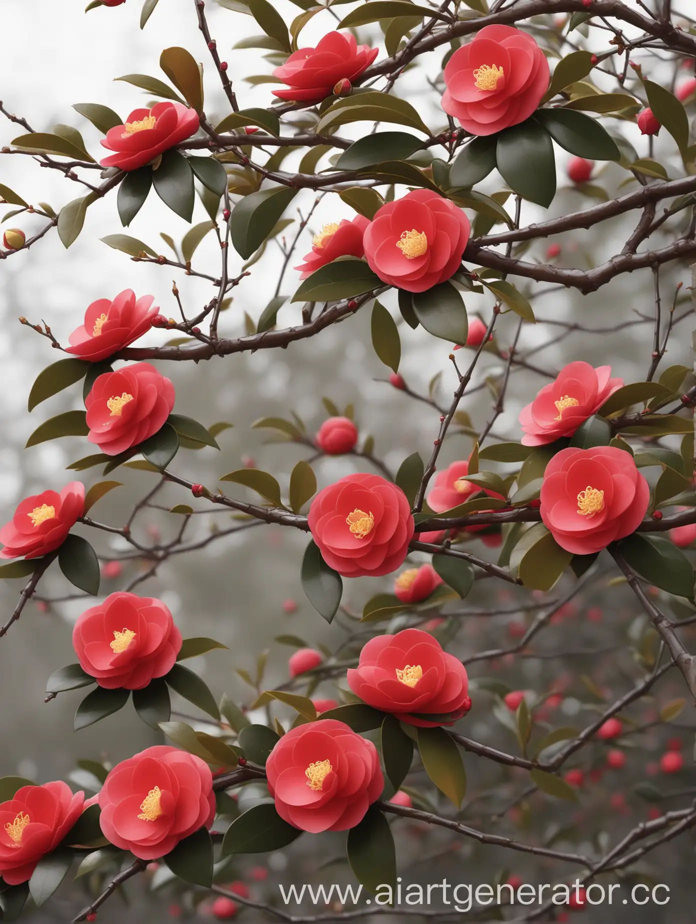 Japanese-Camellia-Branch-with-Red-Flowers-and-Yellow-Centers
