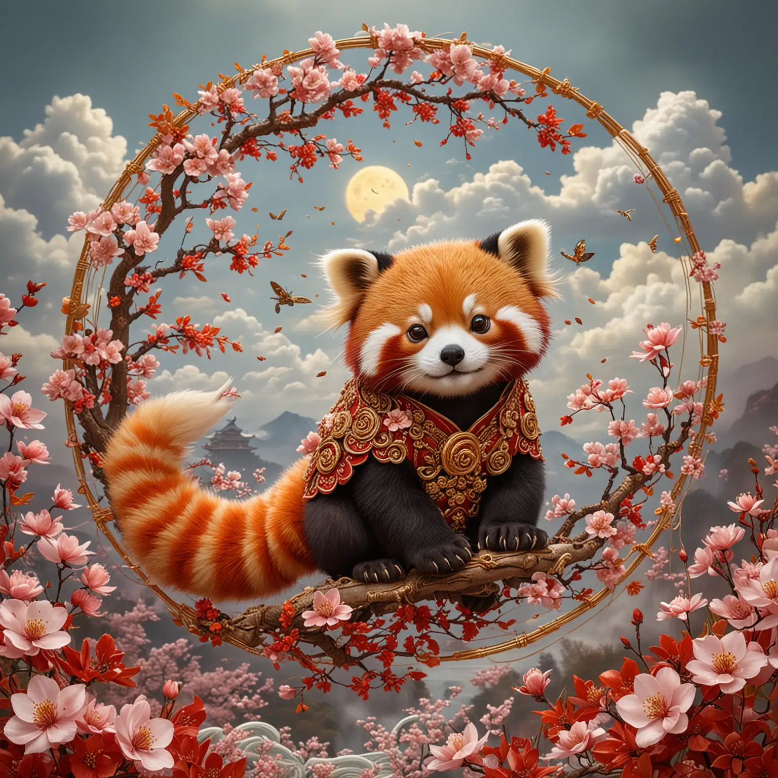 A red panda with 9 tails  wears intricate golden wire lace all down her body, this oriental ornamentation serves to honor the gods of rejuvenation and spring,  a spirl of floating cherry blossoms form behind her on the wind. Far in the distance a cloud dragon smiles