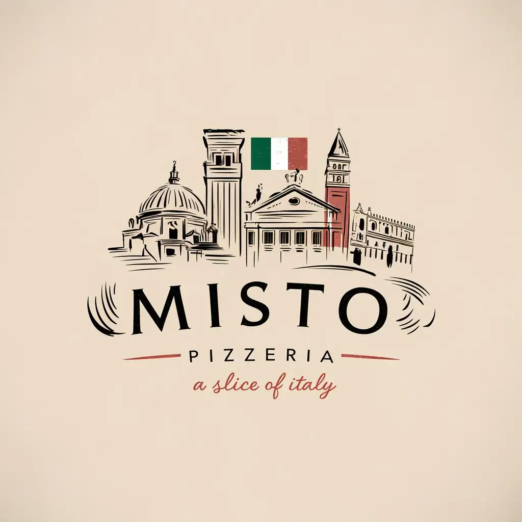 Misto Pizzeria, Vector logo on which the abstract image of Sketched Italian cities, Minimal, Slogan, Slice of Italy, Vintage, Italy flag, Minimalist, Landscape, 