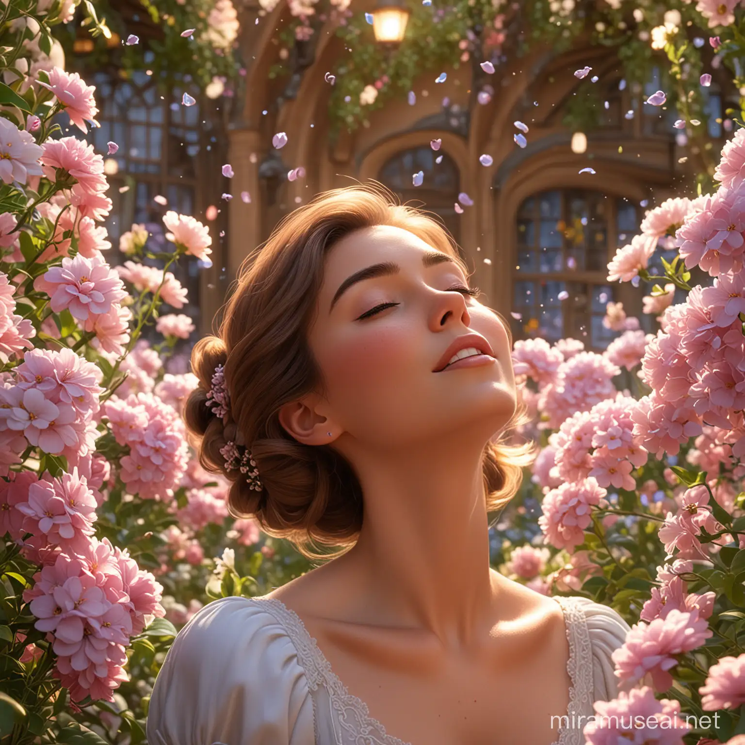 A refined woman, with her eyes closed, is engrossed in the fragrance of flowers,disney pixar style