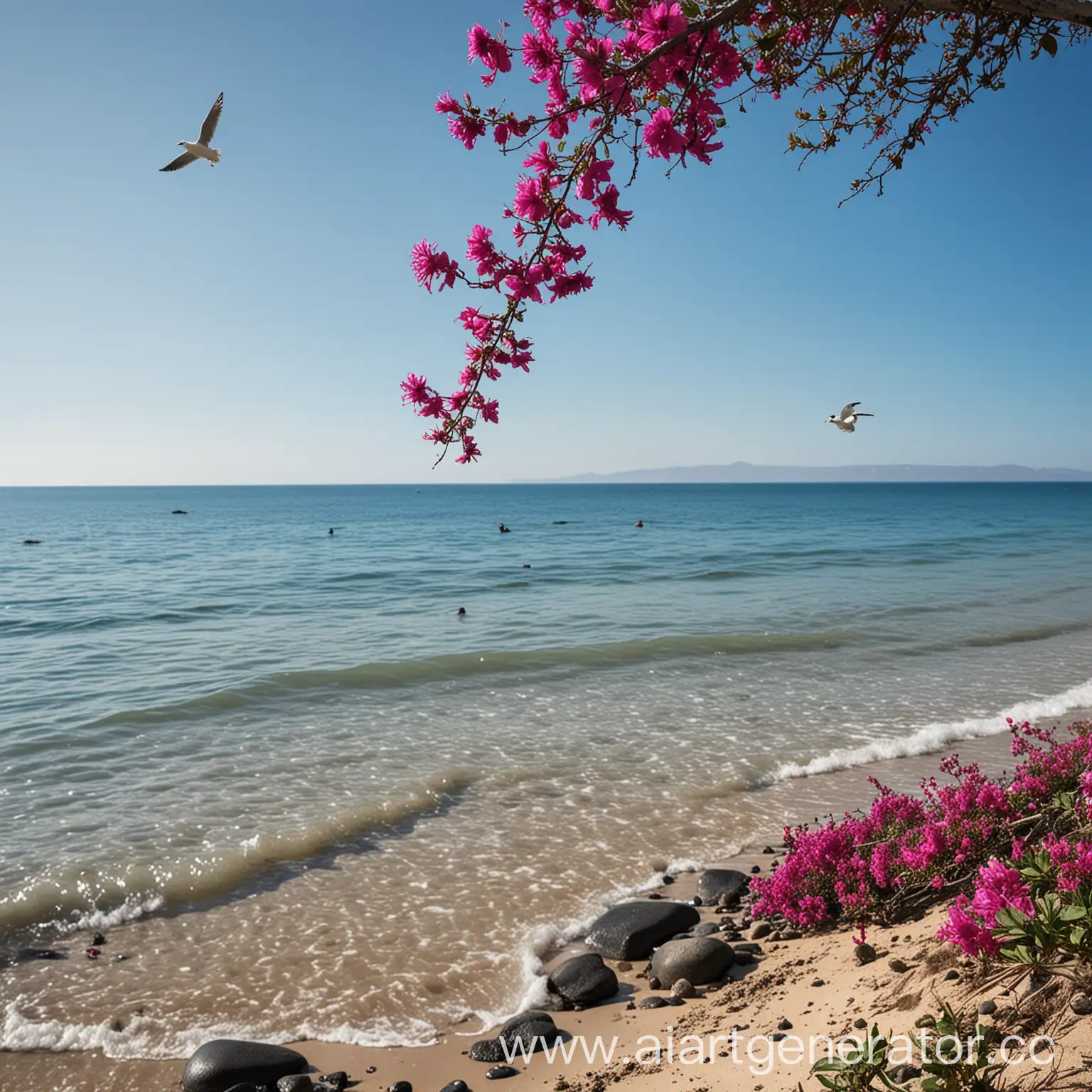 панорама пляжа  из черной гальки синяя вода, над водой летает чайка   голубое небо и сбоку ветка с цветами цвета фуксии
