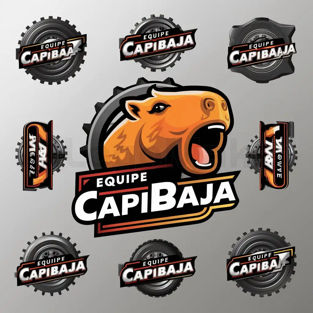 a logo design,with the text "Capibaja", main symbol:9 different logos for Equipe Capibaja, a student team founded in 2016 by the Academic Center of Mechanical Engineering (CAMEC) at the State University of Maringá (UEM). The logo should be vibrant, moderately detailed, and incorporate the colors #309B45, #C1803C, #8A583C, and #1A8F48. The design should reflect the team’s inspiration from the Capivara, symbol of Paraná, and their participation in the Baja competition. The logo should evoke innovation, engineering prowess, and team spirit, suitable for a university setting. The design may include elements such as a capybara, car components, or abstract representations of engineering and collaboration.,Moderate,be used in Automotive industry,clear background