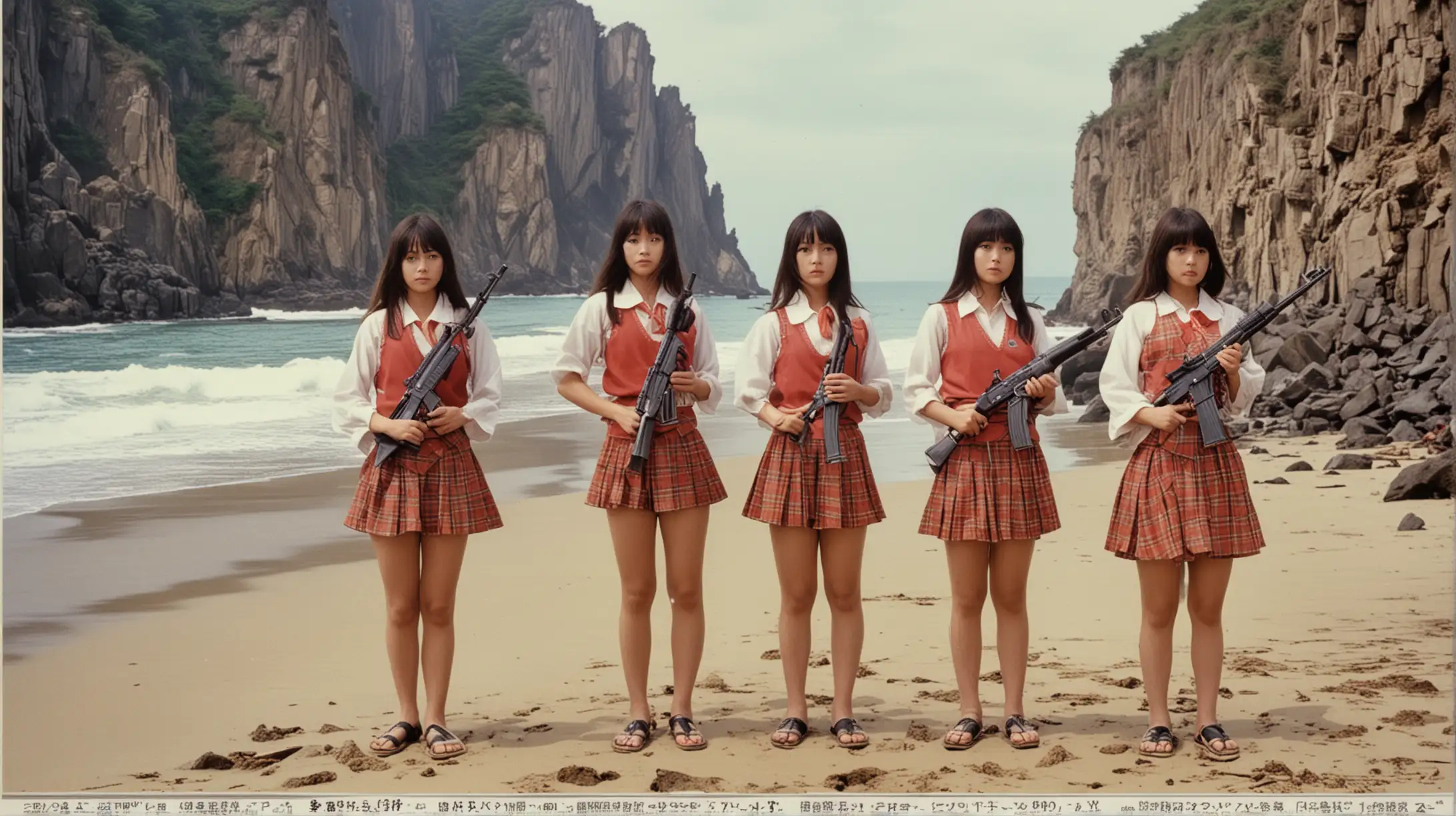 real photo lobby card for 1970s Japanese exploitation film, with seifuku girls on a beach, girls each holding various firearms, cliffs in the distance, title is “Death Game” printed at top 