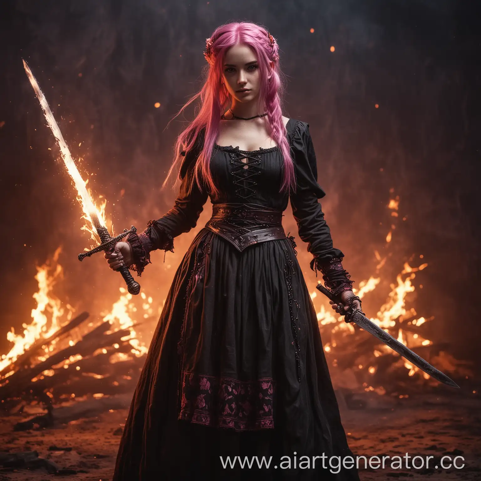 Стоит девушка с мечом, задний фон в огне, у девушки розовые волосы и одета в крестьянское поношенное платье, стиль dark fantasy