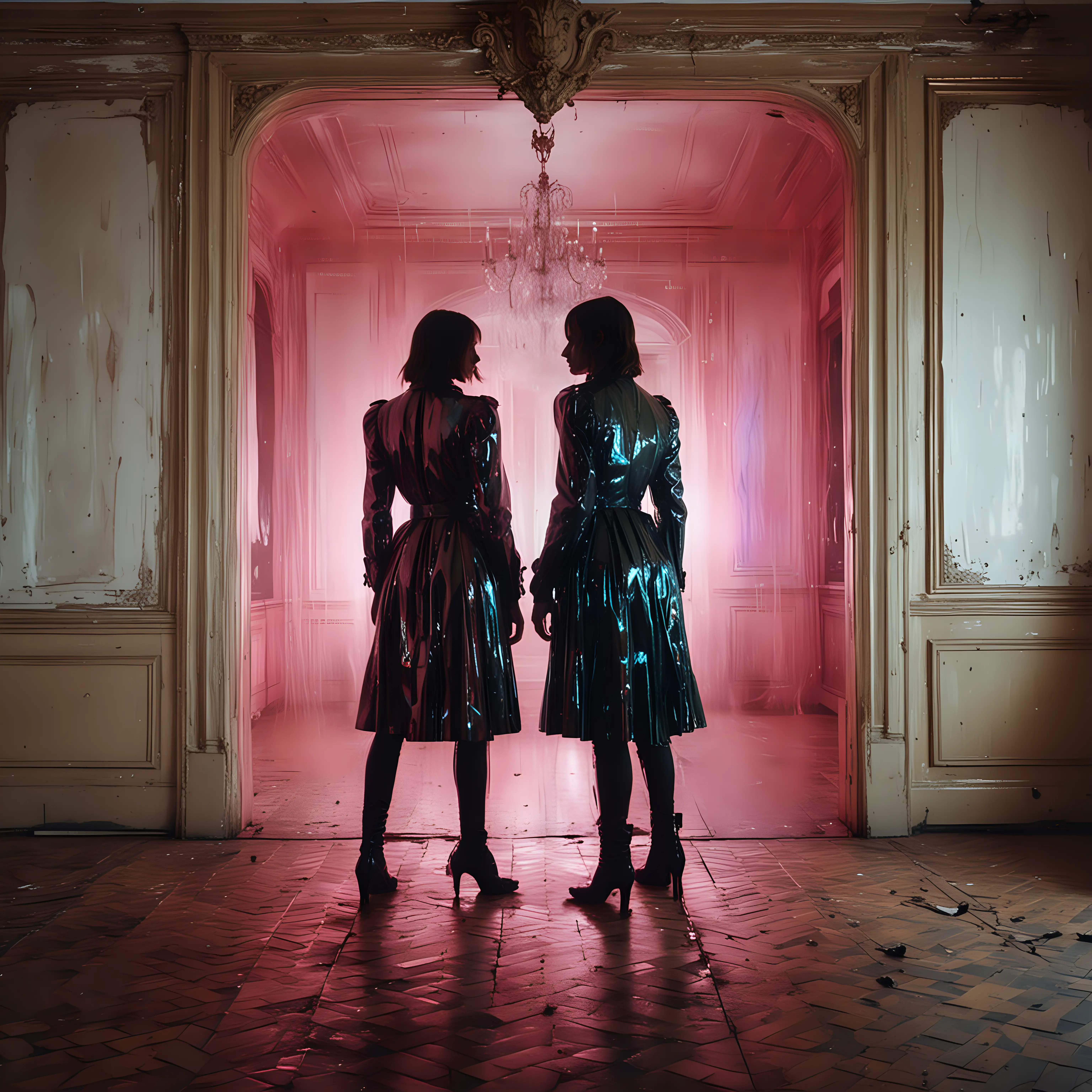 abstract shapes inside an 18th century Parisian house. Abstract Neon stains hologram shapes in the back with heavy motion blur A mix of realistic Kraftwerk and woman Tame Impala couple wearing extremely detailed new Alexander McQueen clothes