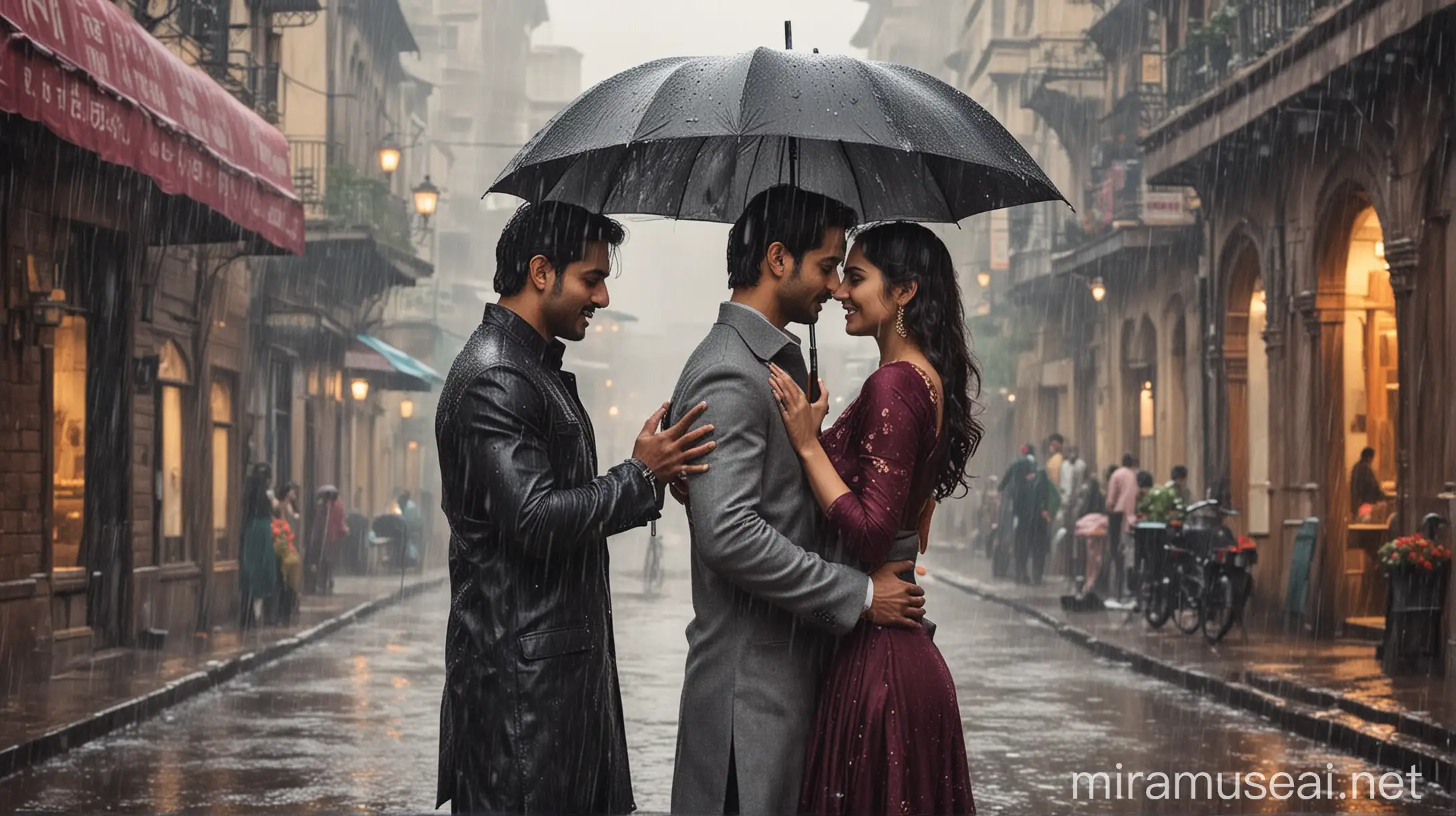 Romantic Bollywood Poster Stylish Couple Dancing in Rain with Cityscape Background and Wine
