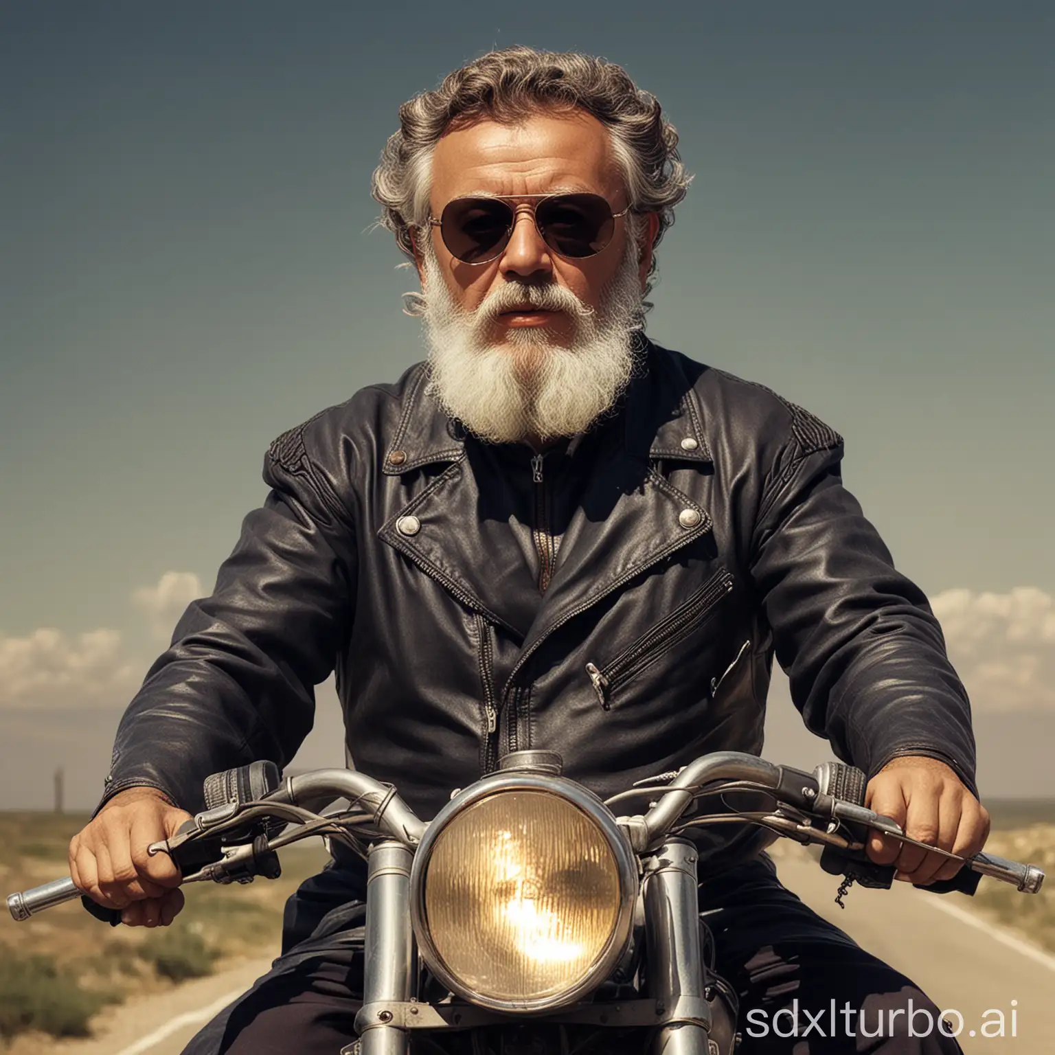 Galileo Galilei wearing sunglasses riding a motorcycle