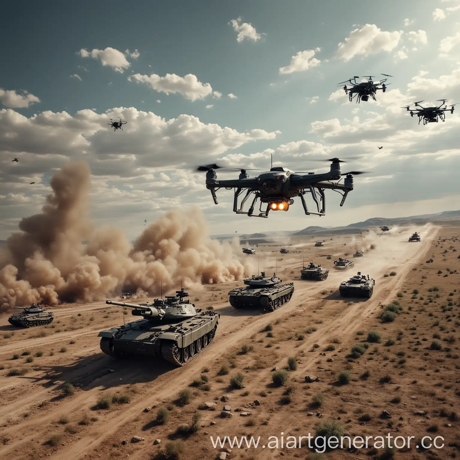Quadrocopter over battlefield with tanks and military in logo video
