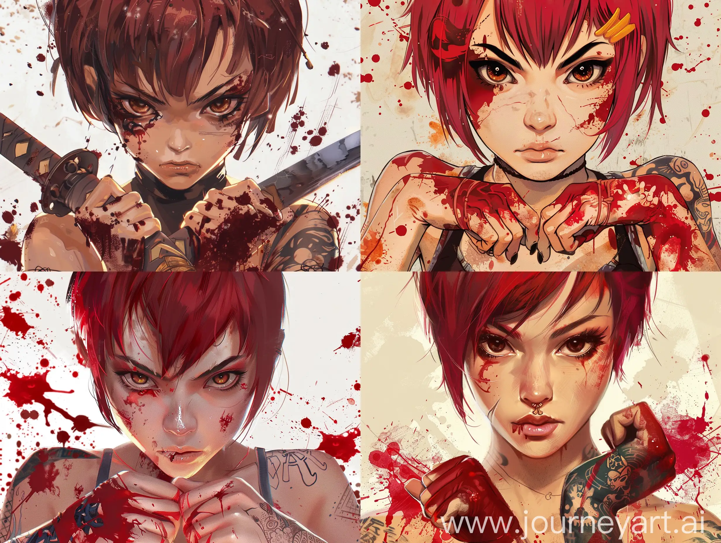 samurai teen girl, brown eyes, blood splashes, short red hair, tattoo on hands, musculature
