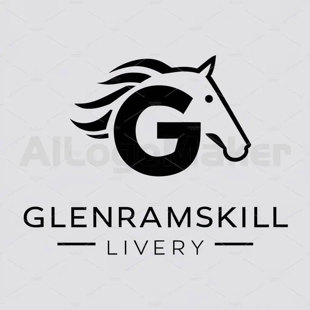 a logo design,with the text "Glenramskill livery", main symbol:Horse with letter G,Moderate,be used in Animals Pets industry,clear background