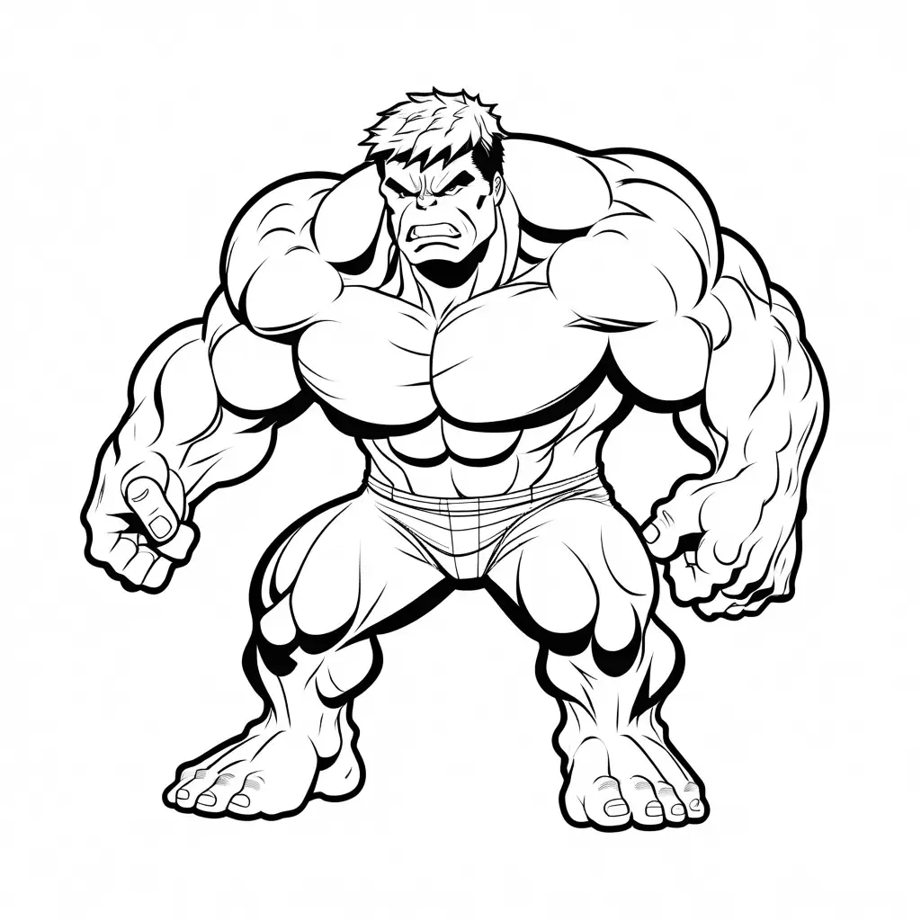 Hulk , Coloring Page, black and white, line art, white background, very simple, Ample White Space. The background of the coloring page is plain white to make it easy for young children to color within the lines. The outlines of all the subjects are easy to distinguish, making it very simple for kids to color without too much difficulty, Coloring Page, black and white, line art, white background, Simplicity, Ample White Space. The background of the coloring page is plain white to make it easy for young children to color within the lines. The outlines of all the subjects are easy to distinguish, making it simple for kids to color without too much difficulty