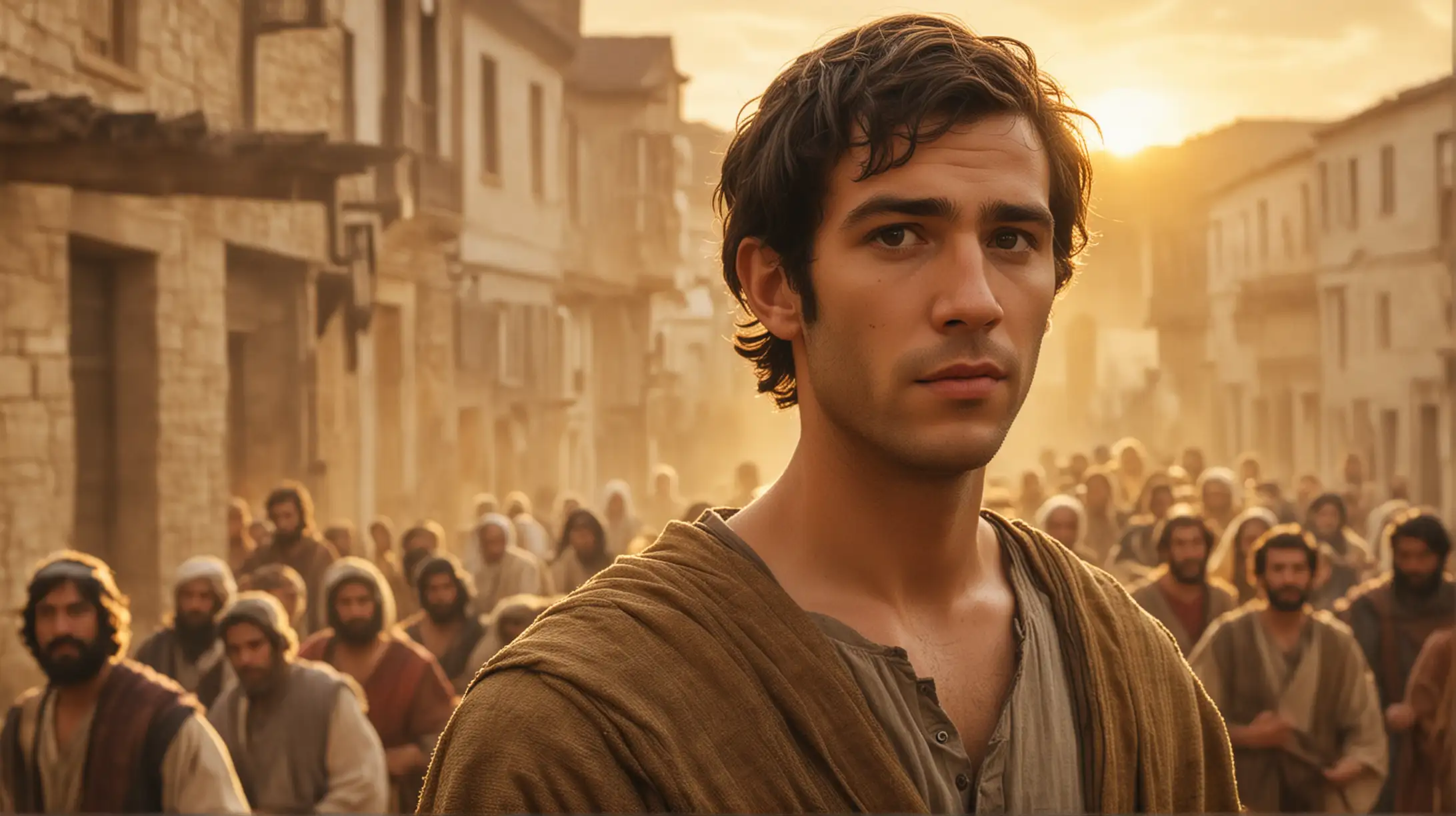 a closeup of Ezra from the Bible, standing town area area, with a group of people following behind him.  and a beautiful golden sky.